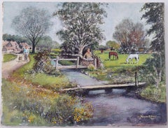 Traditional English Painting of a Village Scene with Figures, Dog and Horses