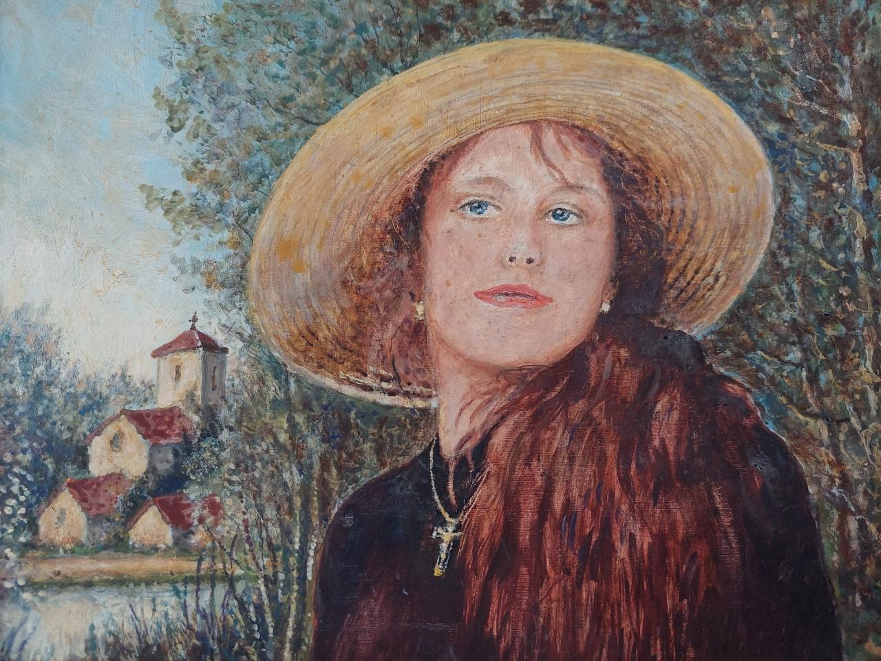 Traditional English Painting Portrait of Girl with Auburn Hair in Surrey England For Sale 1