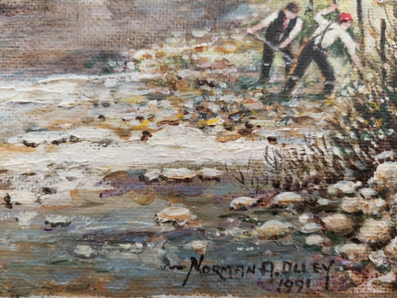 Traditional English Painting River Workers, Beckford Bridge Bingley Yorkshire For Sale 1