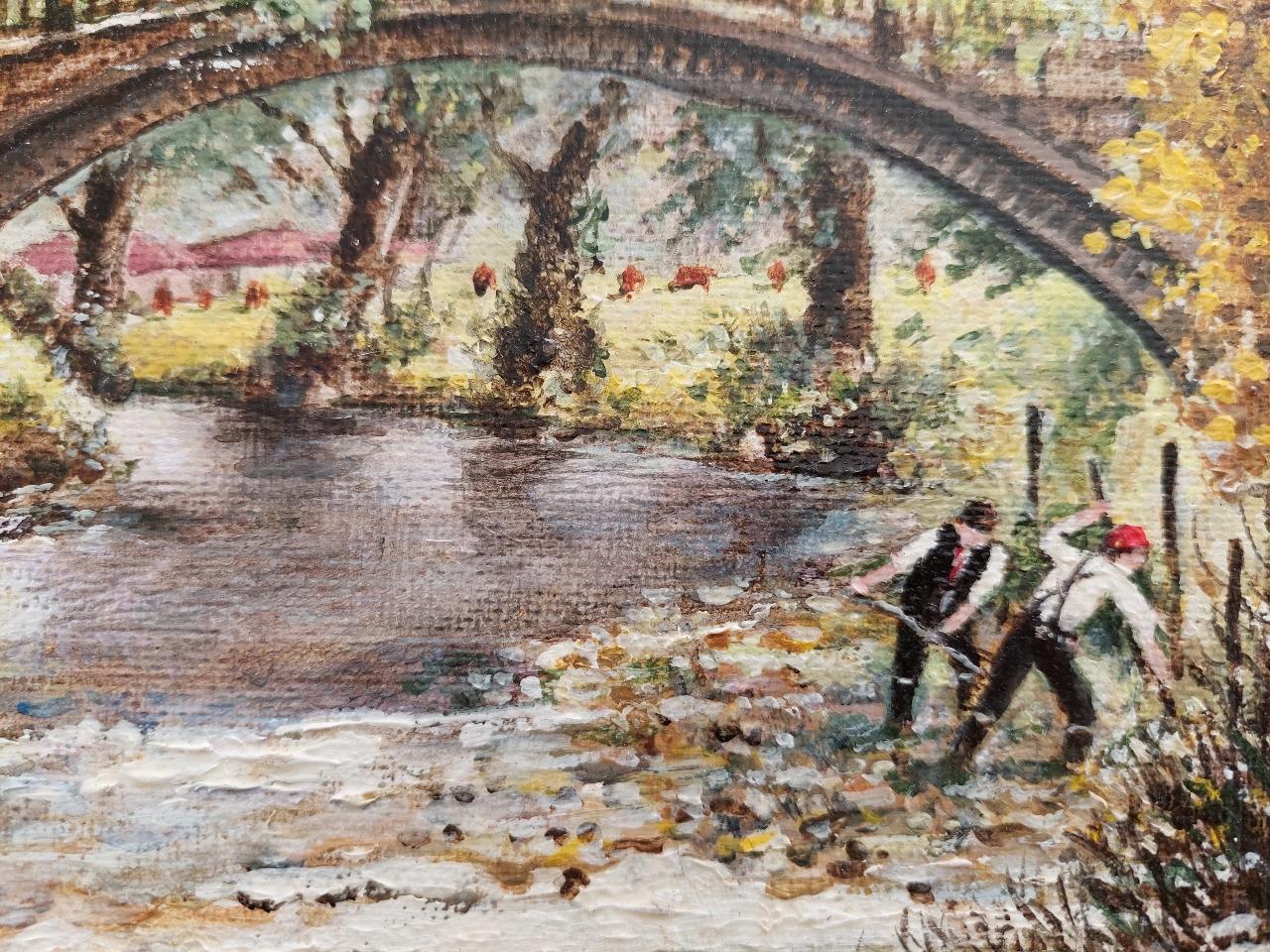 Traditional English Painting River Workers, Beckford Bridge Bingley Yorkshire For Sale 2