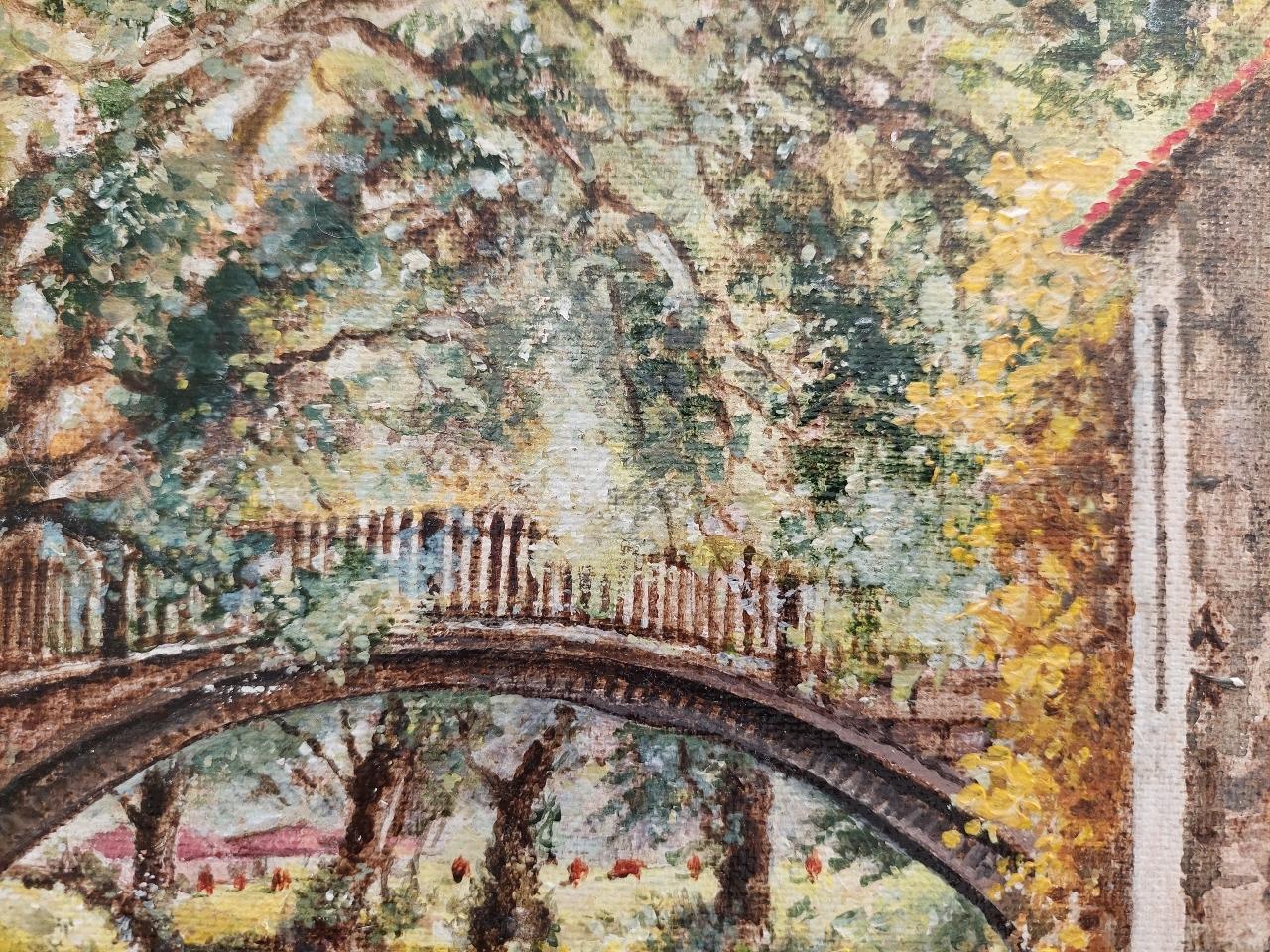 Traditional English Painting River Workers, Beckford Bridge Bingley Yorkshire For Sale 3
