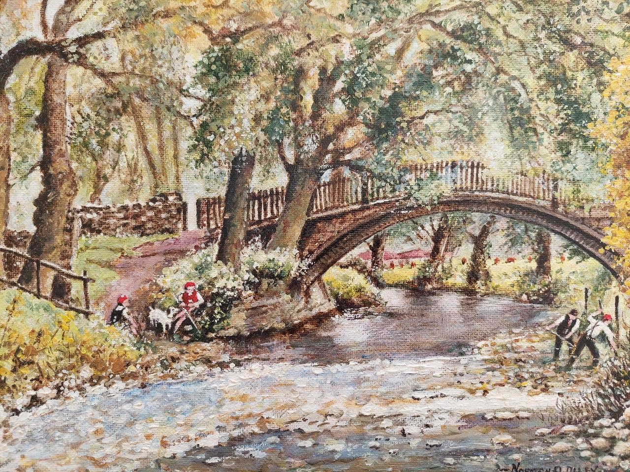 Traditional English Painting River Workers, Beckford Bridge Bingley Yorkshire For Sale 4