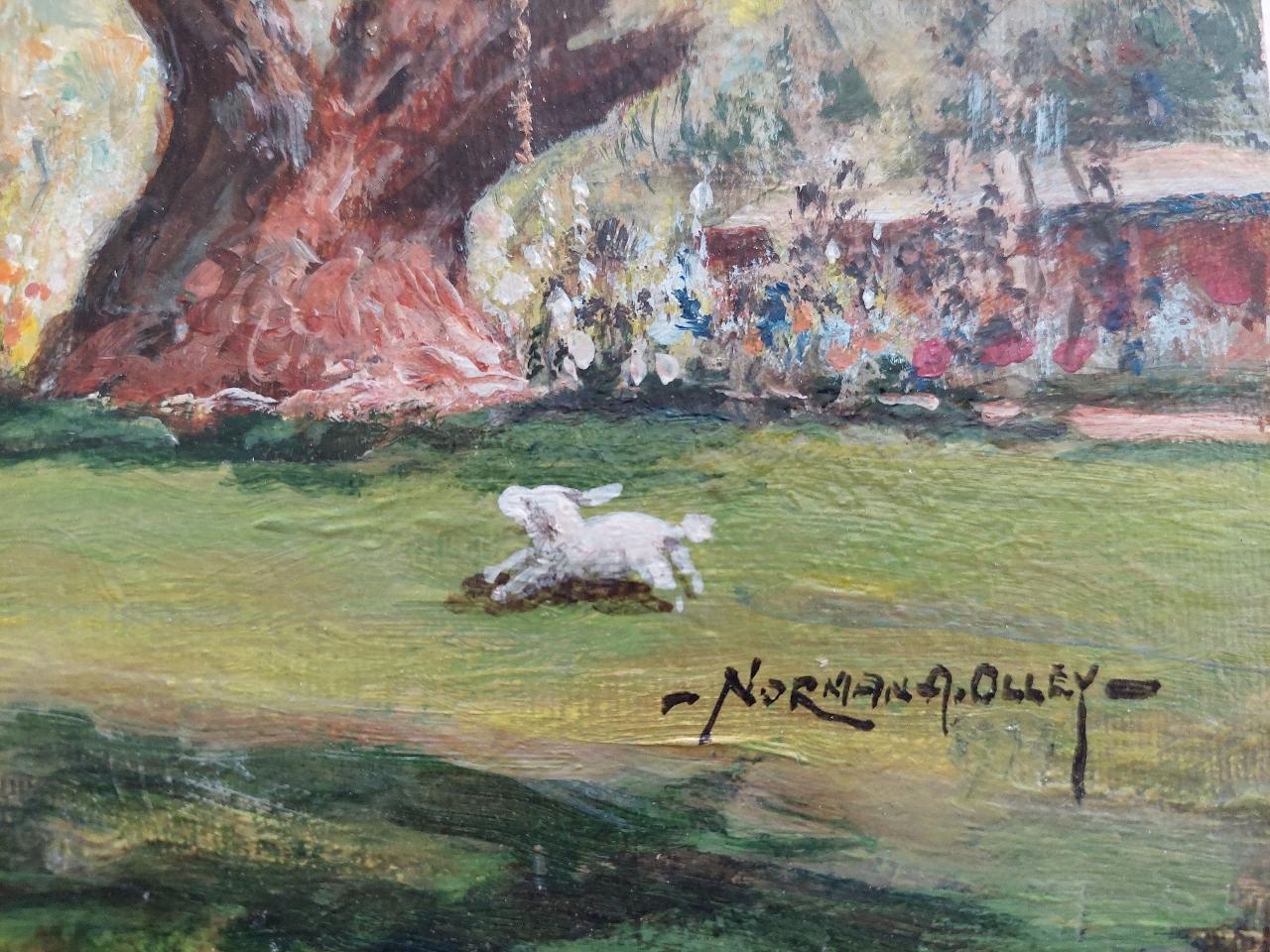 Artist/ School: Norman A. Olley ( British, 20th Century, 1908-1996), undated, signed to the front and inscribed verso

Title - Rochester Castle from the Vicarage Garden.
Two small dogs enjoying the summer garden in the walled grounds of the