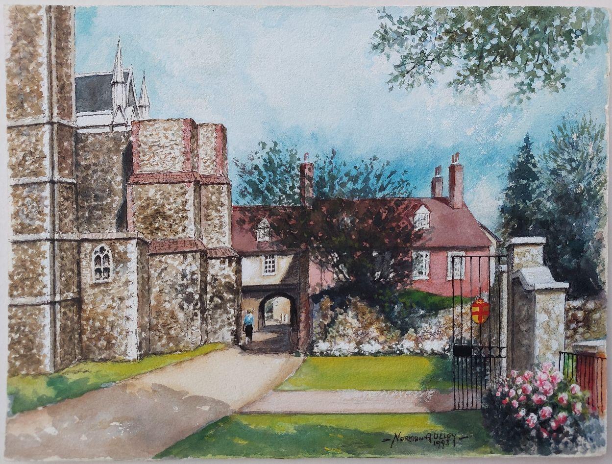 Traditional English Painting Rochester Cathedral Deanery Gate, Kent England - Gray Landscape Painting by English  School