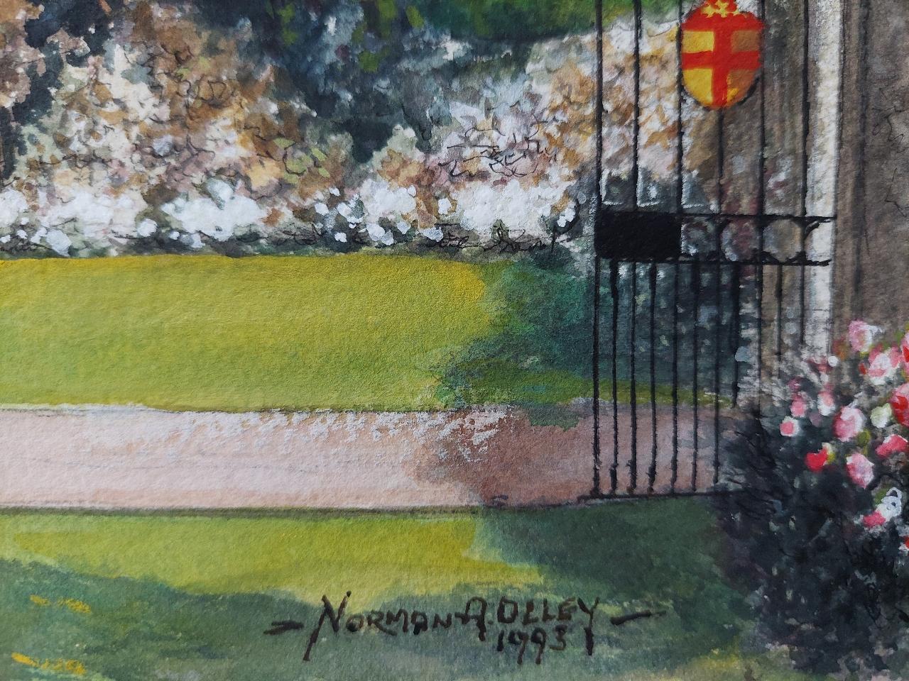 Artist/ School: Norman A. Olley ( British, 20th Century, 1908-1996), 1993, signed to the front and inscribed verso

Title - Rochester Cathedral, Deanery Gate - depicting the coat of arms on the grand gates and a figure approaching the stone