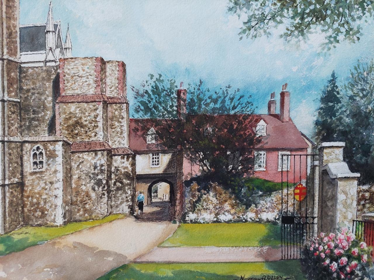 Traditional English Painting Rochester Cathedral Deanery Gate, Kent England For Sale 1