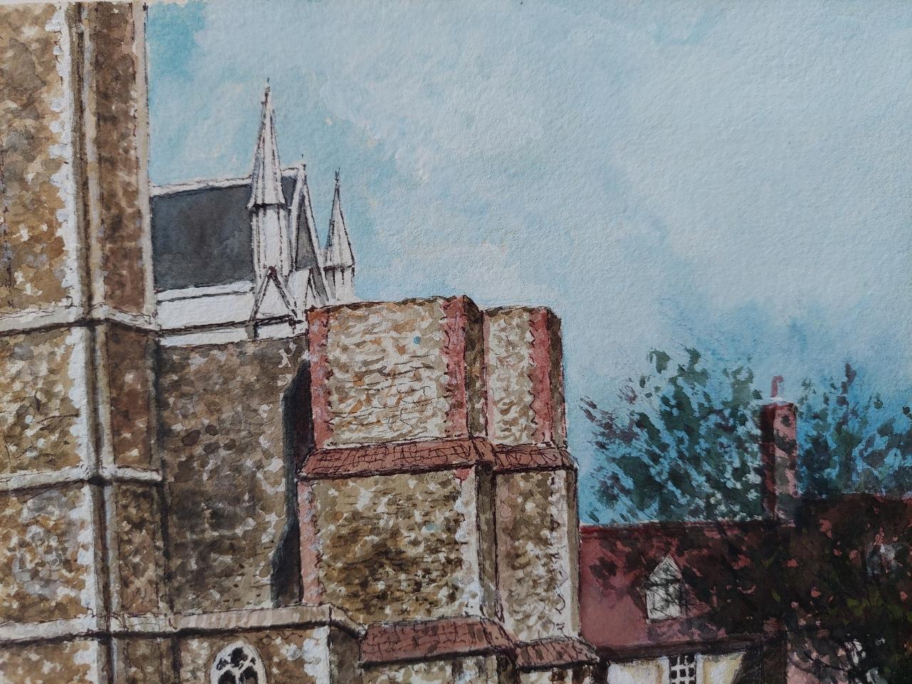 Traditional English Painting Rochester Cathedral Deanery Gate, Kent England For Sale 5