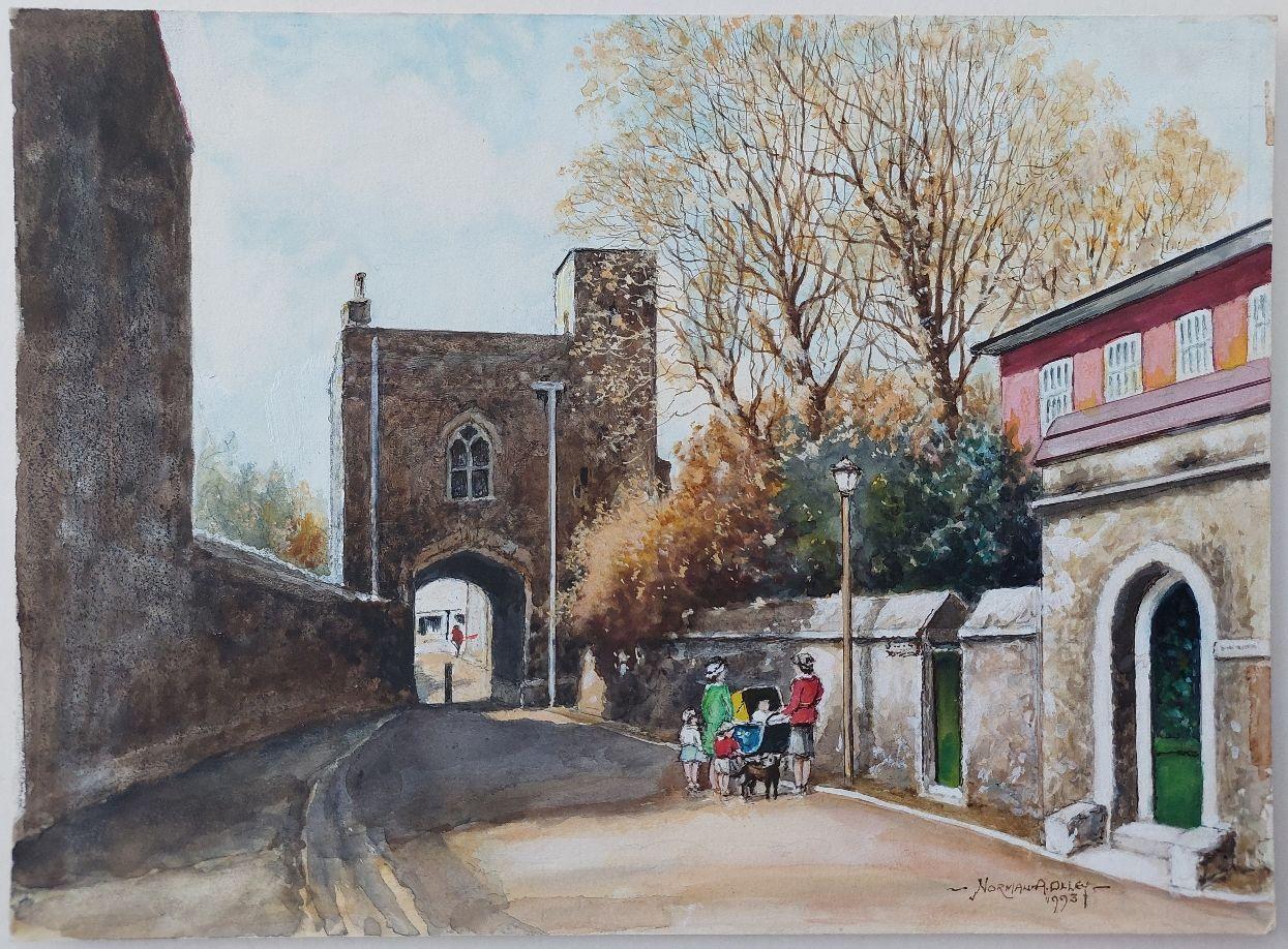 Traditional English Painting Rochester Cathedral Priory Gate, Kent England - Gray Landscape Painting by English  School