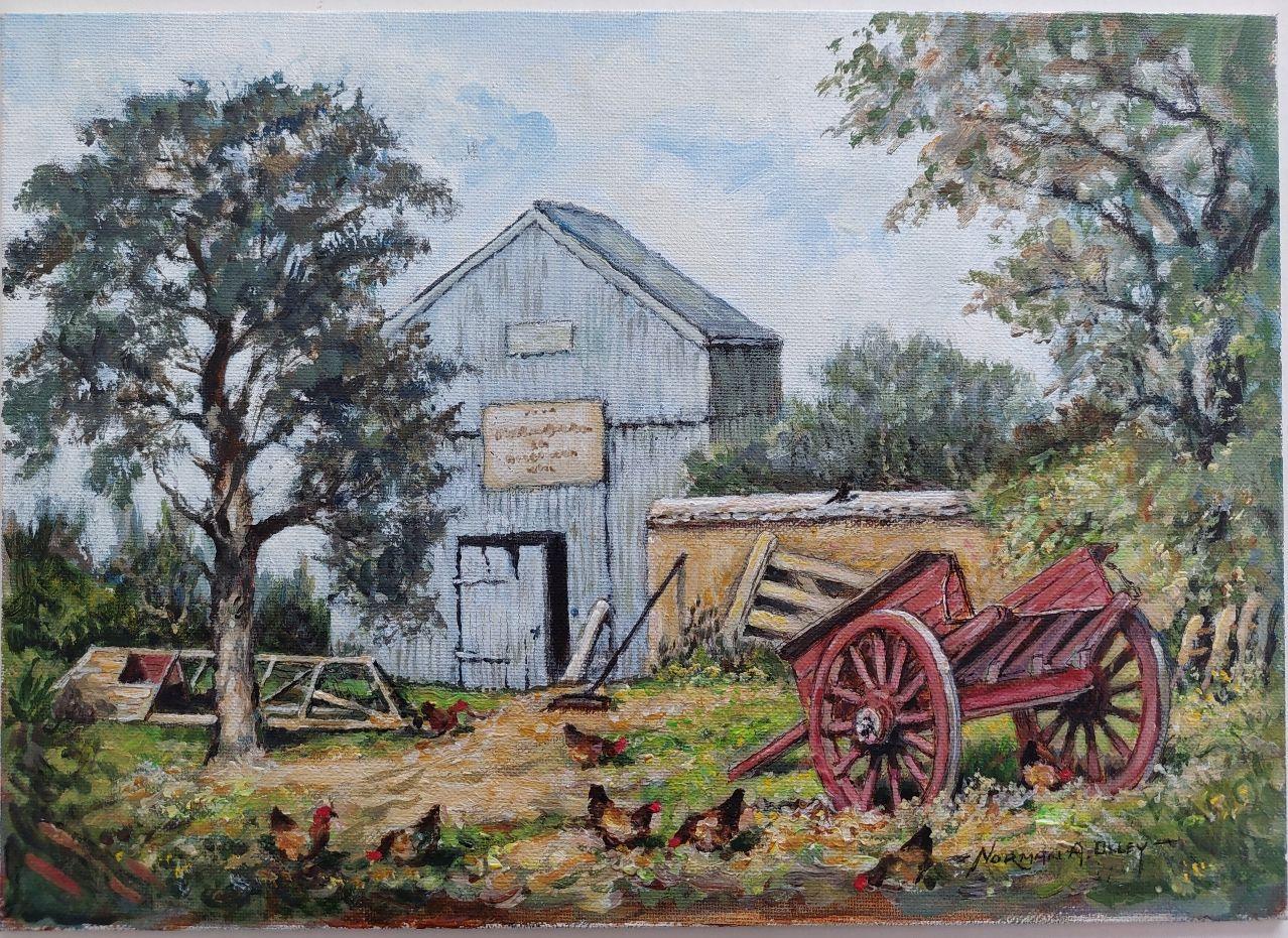 Traditional English Painting Scots Pine and Chickens in a Cornish Farmyard - Gray Landscape Painting by English  School