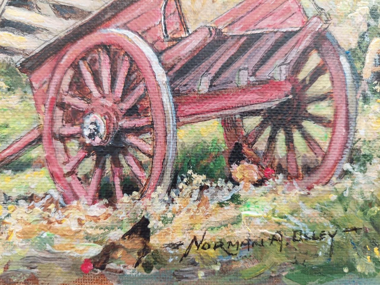 Artist/ School: Norman A. Olley ( British, 20th Century, 1908-1996), dated 1992, signed to the front and inscribed verso

Title - Scots Pine in a Cornish Farmyard, depicting chickens by an old wooden cart in a farmyard in Cornwall, under the