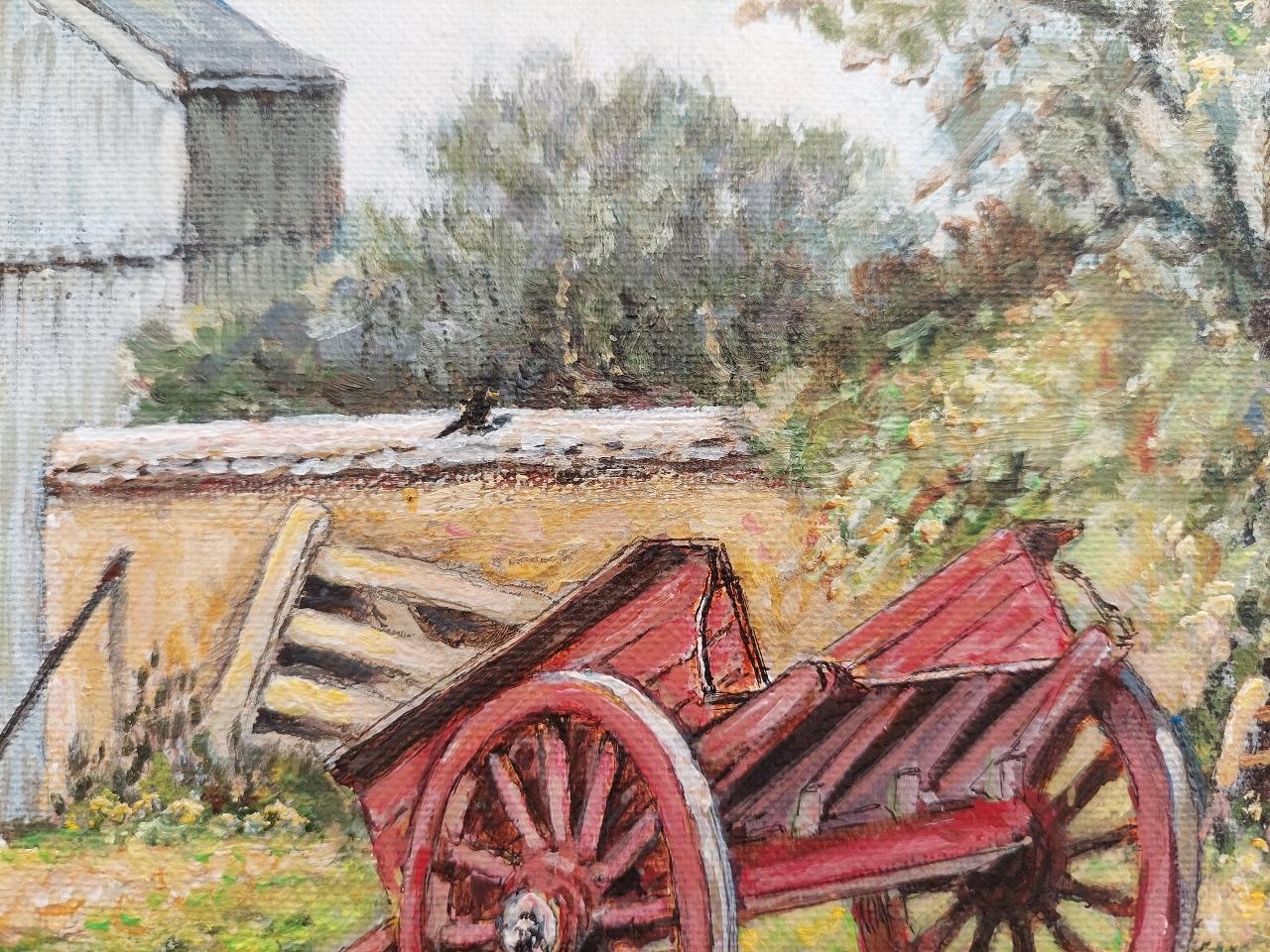 Traditional English Painting Scots Pine and Chickens in a Cornish Farmyard For Sale 1