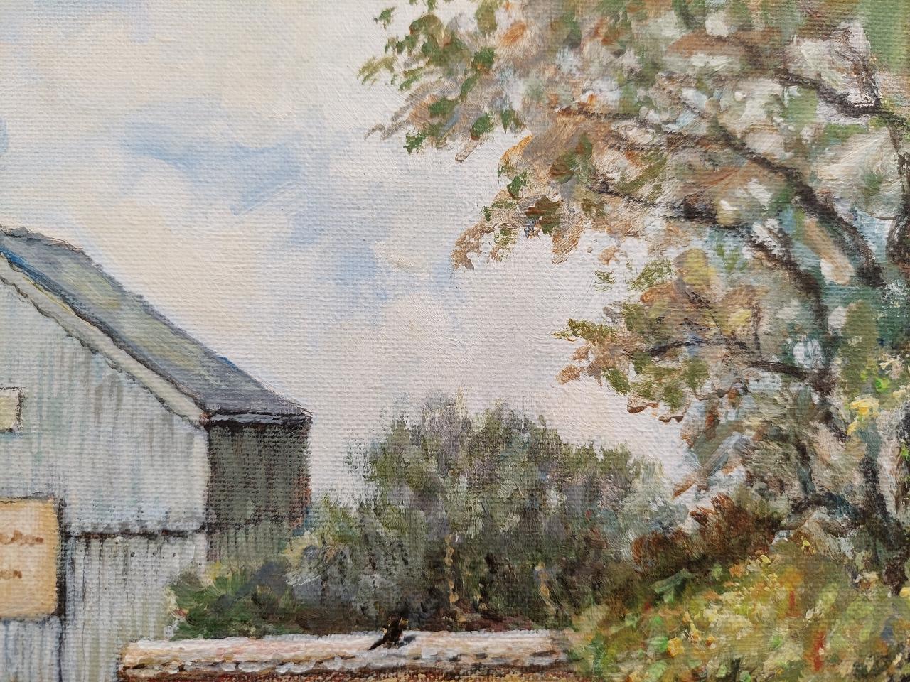 Traditional English Painting Scots Pine and Chickens in a Cornish Farmyard For Sale 2