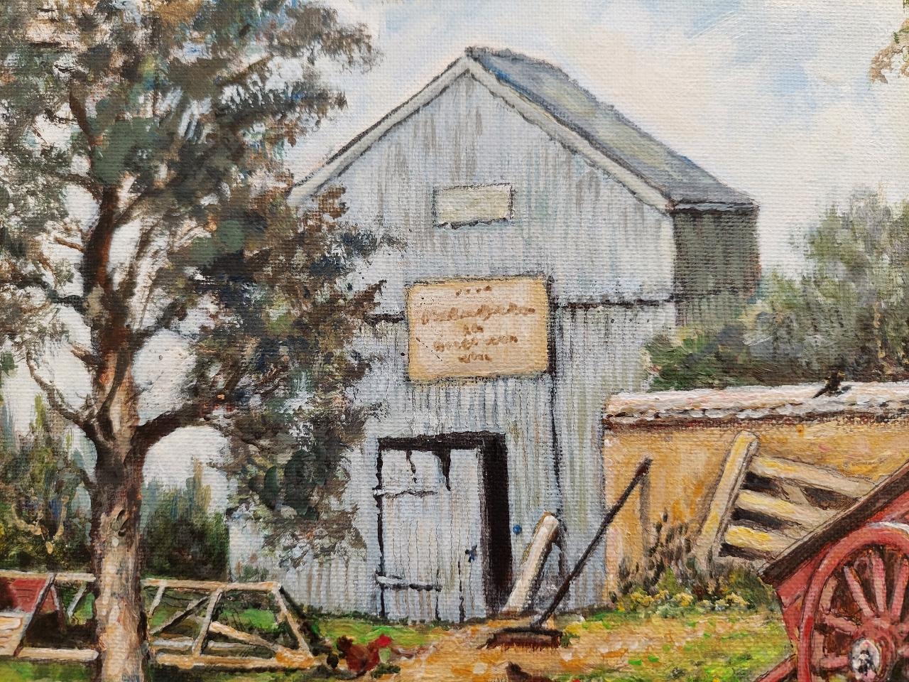 Traditional English Painting Scots Pine and Chickens in a Cornish Farmyard For Sale 3