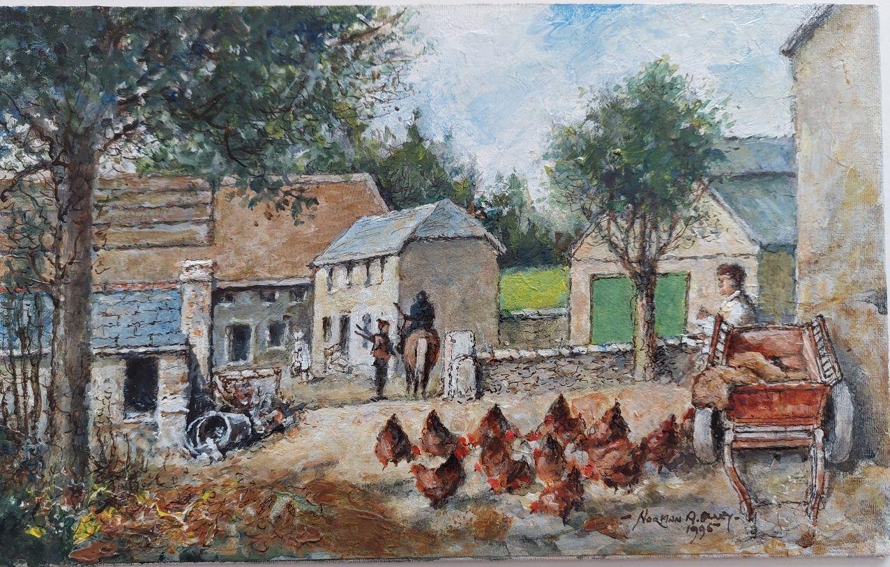 Traditional English Painting South Devon Farmyard Chickens at Aveton Gifford - Gray Landscape Painting by English  School