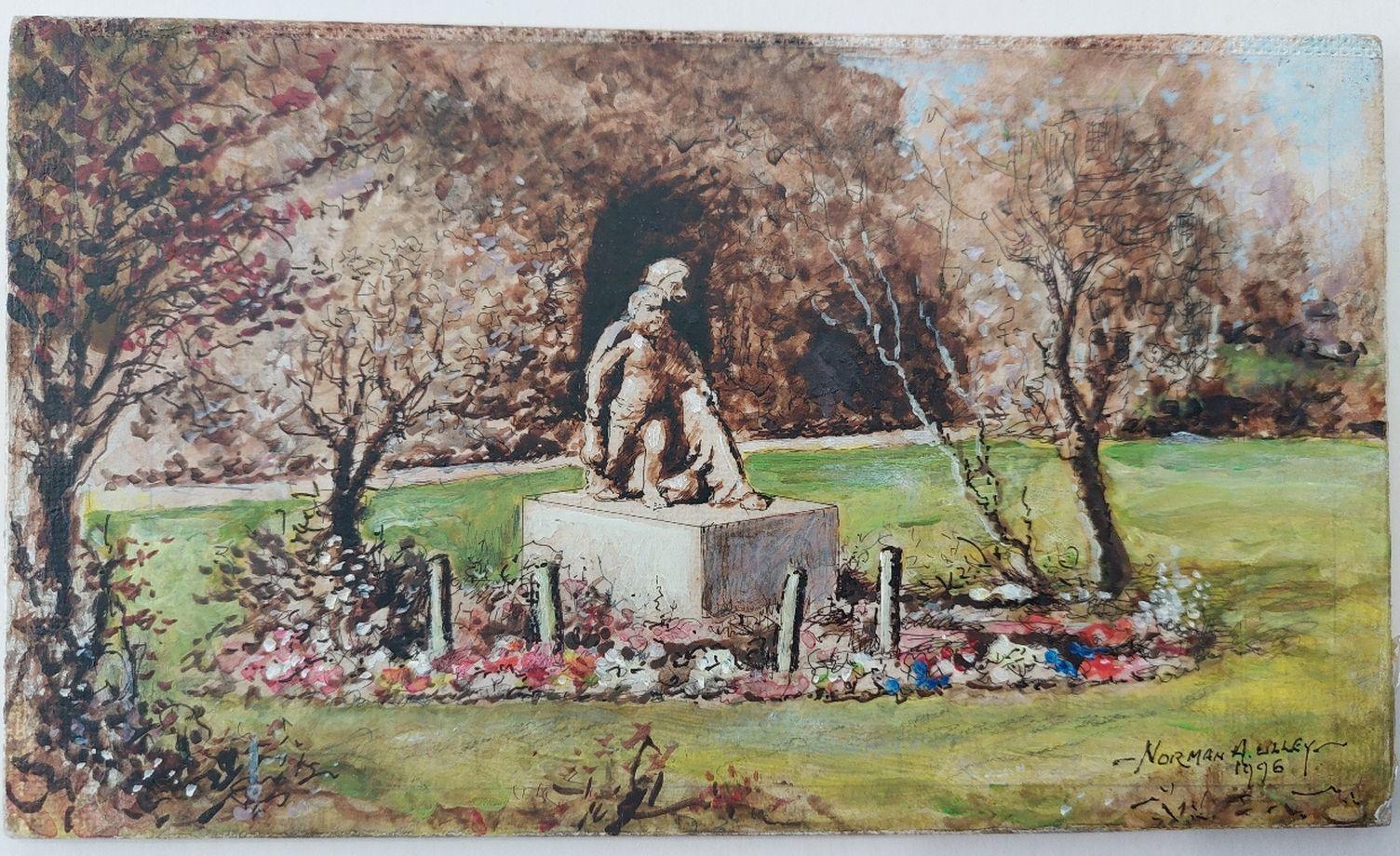 Traditional English Painting Statue of Mary and Christ, Rochester, Kent - Gray Figurative Painting by English  School