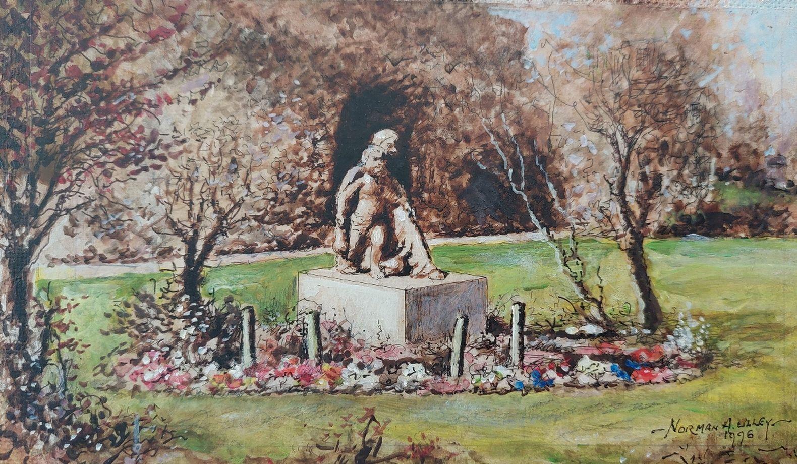Artist/ School: Norman A. Olley ( British, 20th Century, 1908-1996), 1996, signed to the front and inscribed verso

Title - Bronze Statue of Mary and Child Christ in the Cloister Garth of Rochester Cathedral in Kent. 

Medium: acrylic, pen and ink