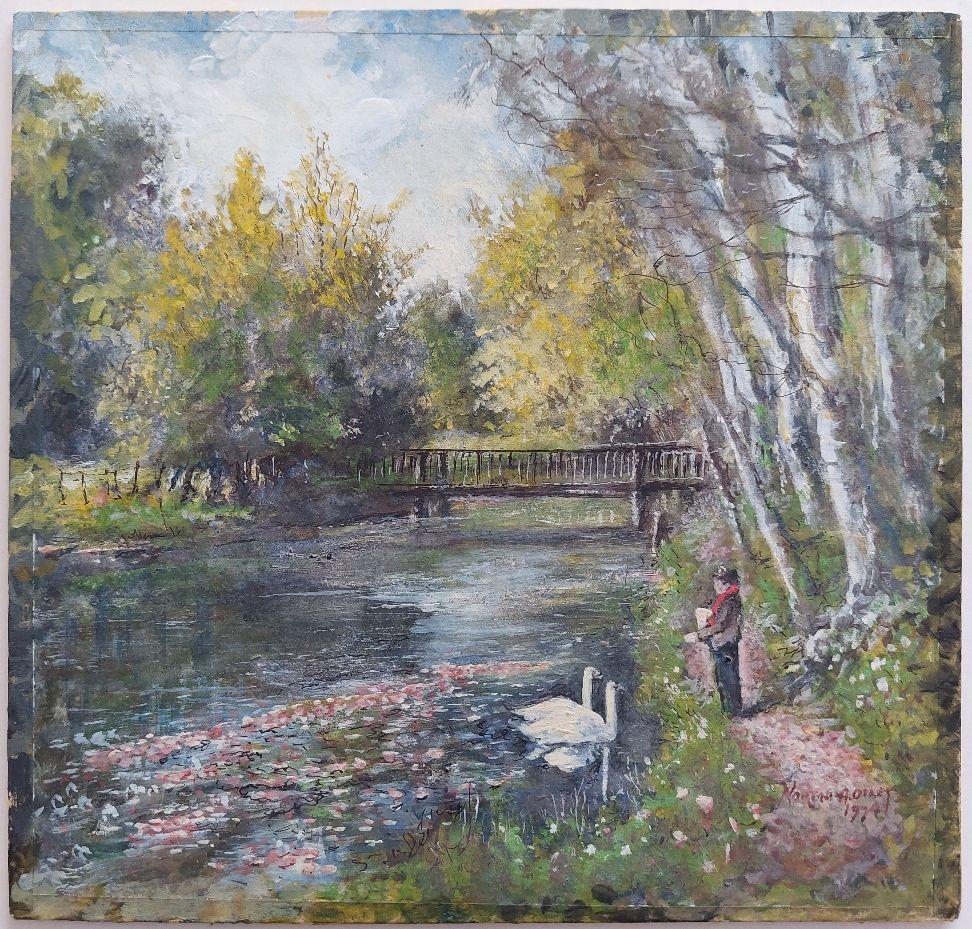 Peinture traditionnelle anglaise Cygnes sur la rivière Molember East Molesey Surrey Angleterre - Painting de English  School