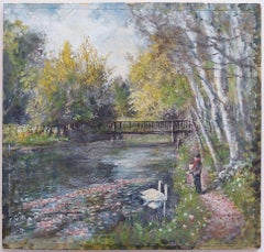 Traditional English Painting Swans on River Molember East Molesey Surrey England