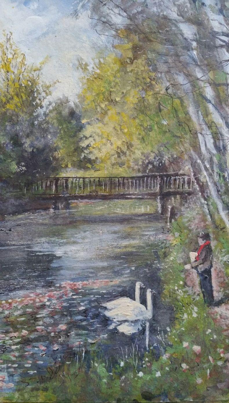 Peinture traditionnelle anglaise Cygnes sur la rivière Molember East Molesey Surrey Angleterre - Gris Landscape Painting par English  School
