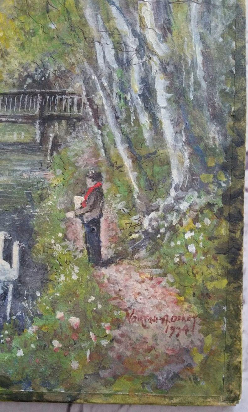 Peinture traditionnelle anglaise Cygnes sur la rivière Molember East Molesey Surrey Angleterre en vente 1