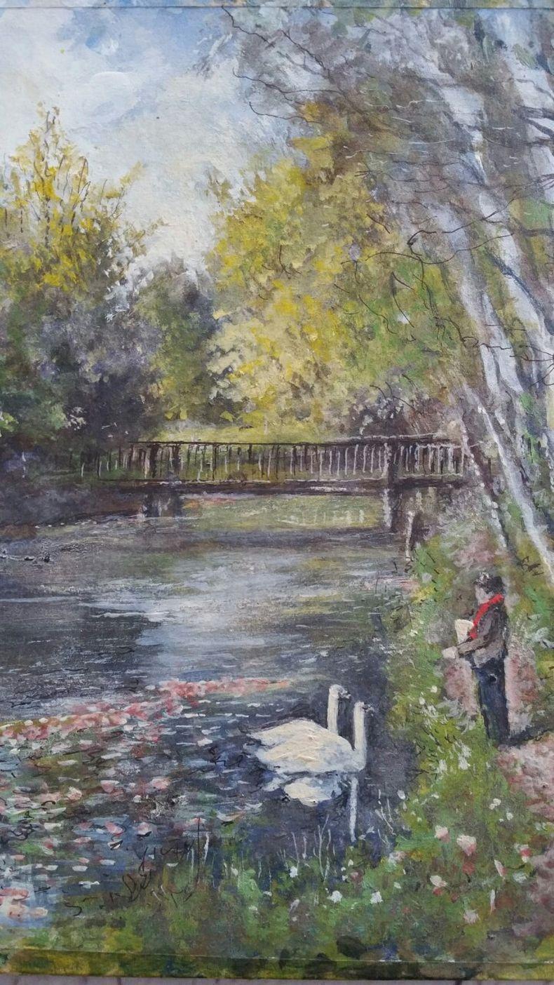 Peinture traditionnelle anglaise Cygnes sur la rivière Molember East Molesey Surrey Angleterre en vente 2