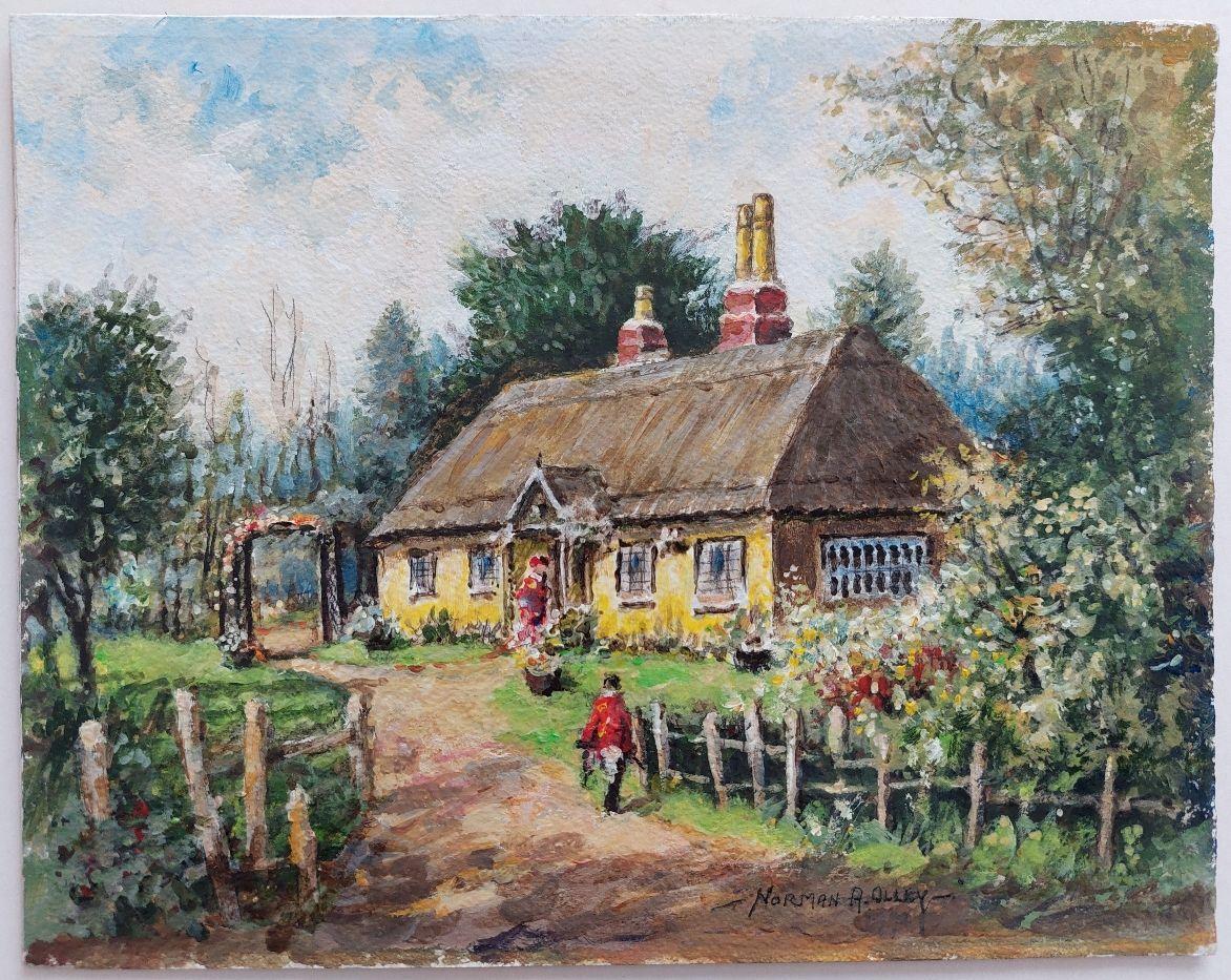 Traditional English Painting Thatched Cottage Wrotham Hill, Kent, with Figures - Gray Landscape Painting by English  School