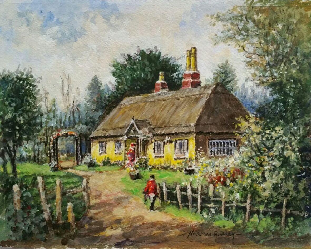 Artist/ School: Norman A. Olley ( British, 20th Century, 1908-1996), undated, signed to the front and inscribed verso

Title - Yew Tree Cottage at Wrotham Hill in Kent, England
A delightful English thatched cottage with figures, one in the lane,