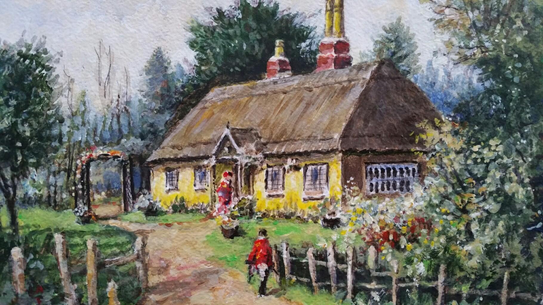 Traditional English Painting Thatched Cottage Wrotham Hill, Kent, with Figures For Sale 1
