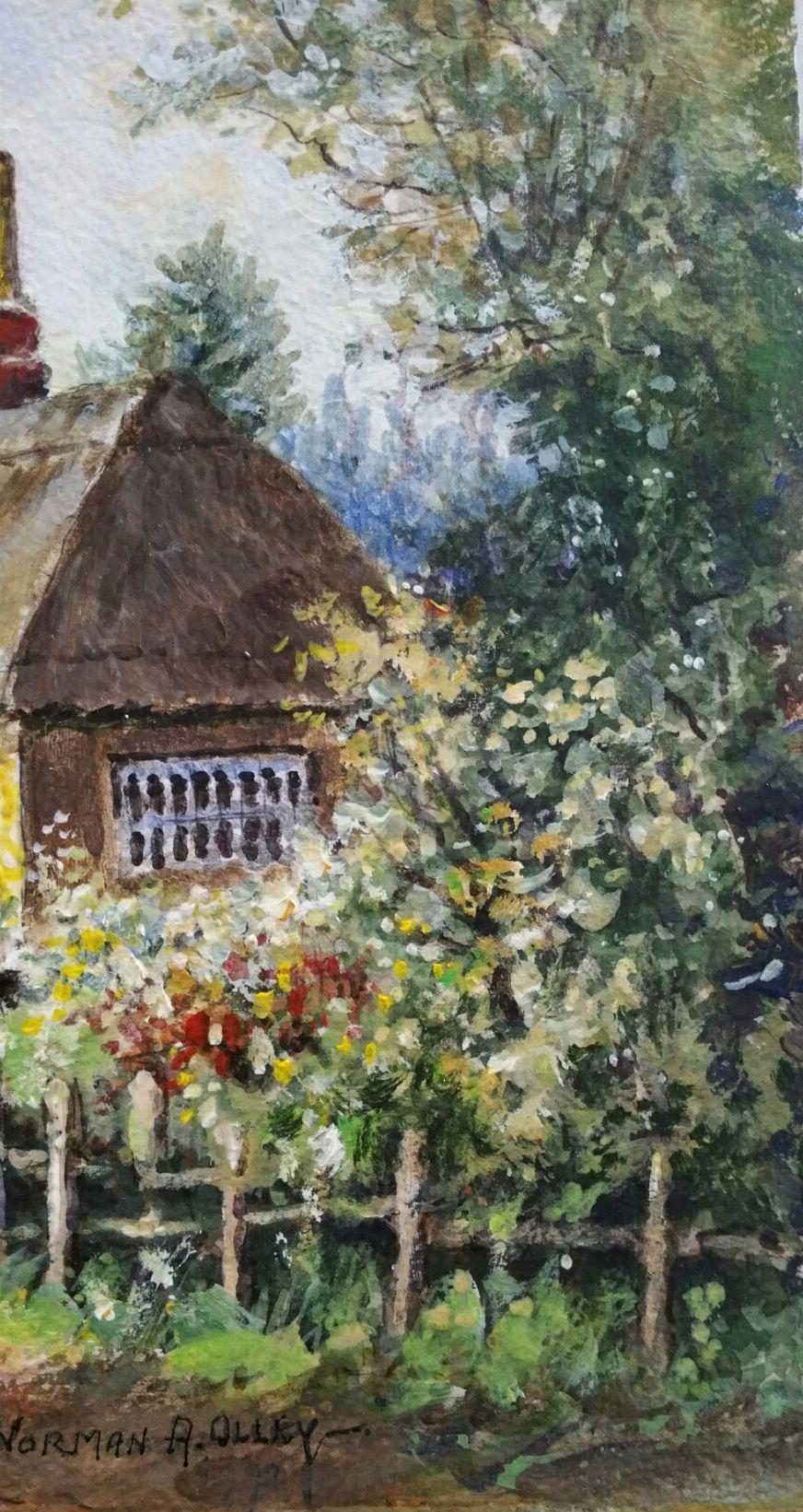 Traditional English Painting Thatched Cottage Wrotham Hill, Kent, with Figures For Sale 2