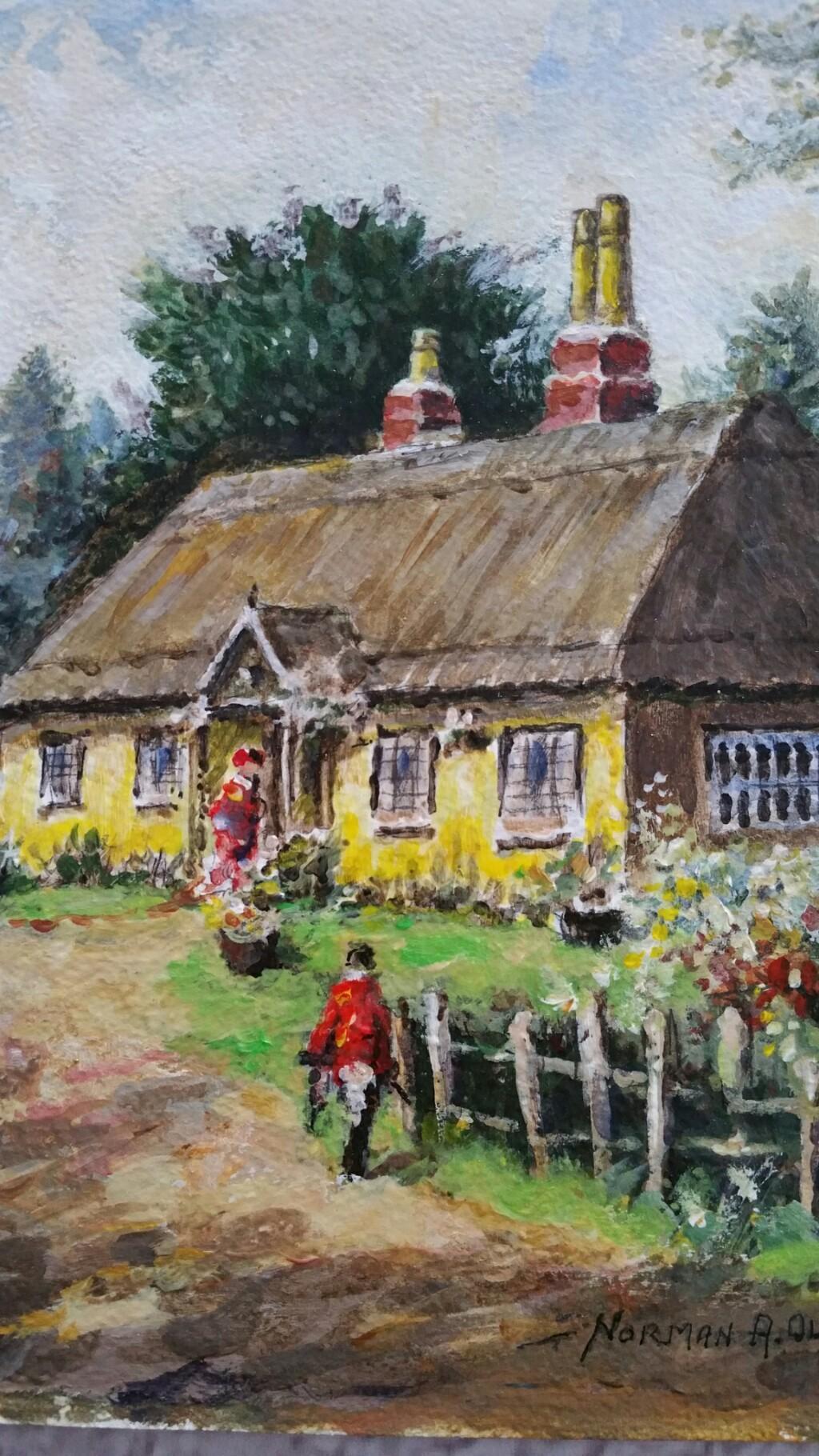 Traditional English Painting Thatched Cottage Wrotham Hill, Kent, with Figures For Sale 4
