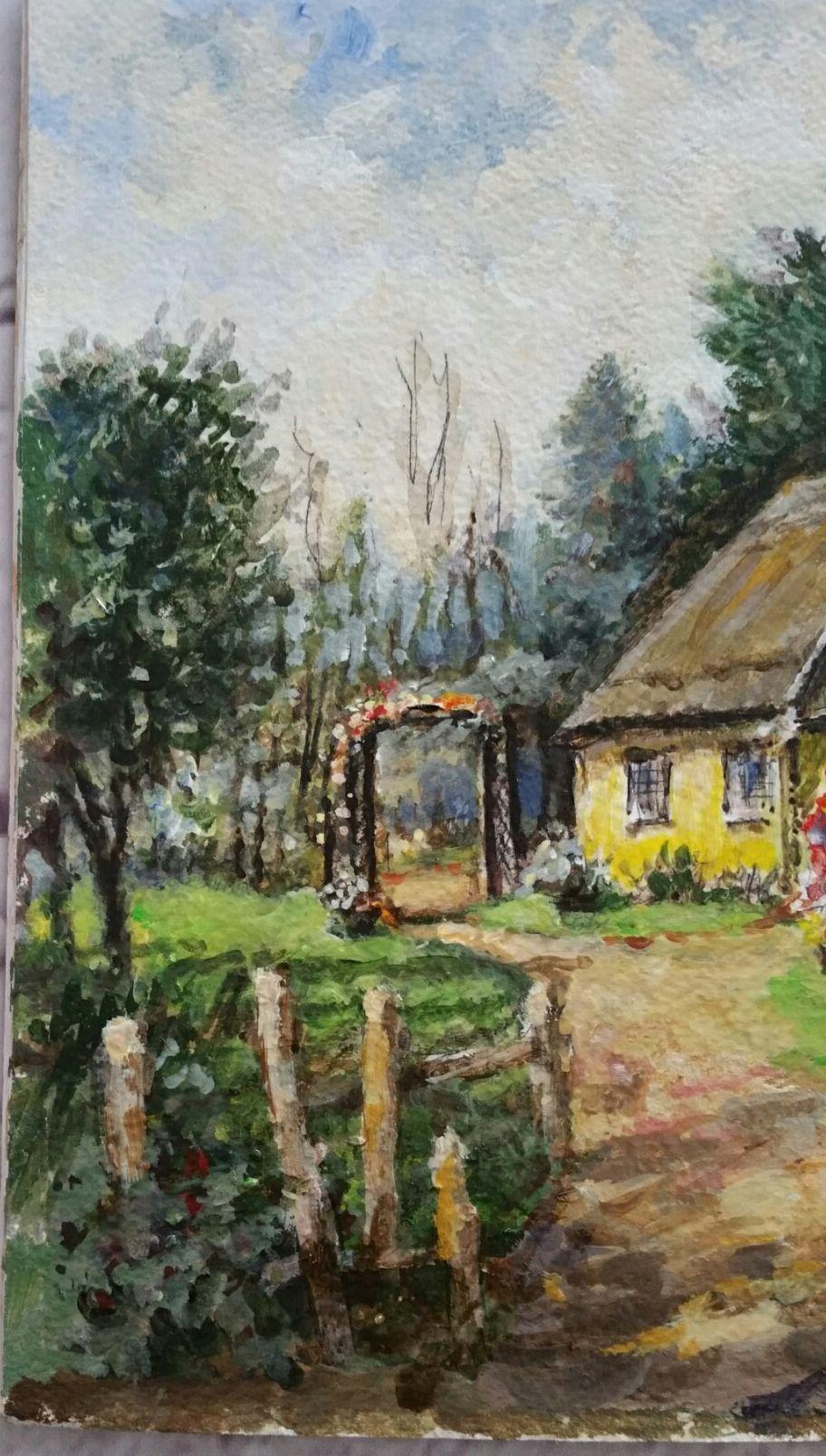 Traditional English Painting Thatched Cottage Wrotham Hill, Kent, with Figures For Sale 5
