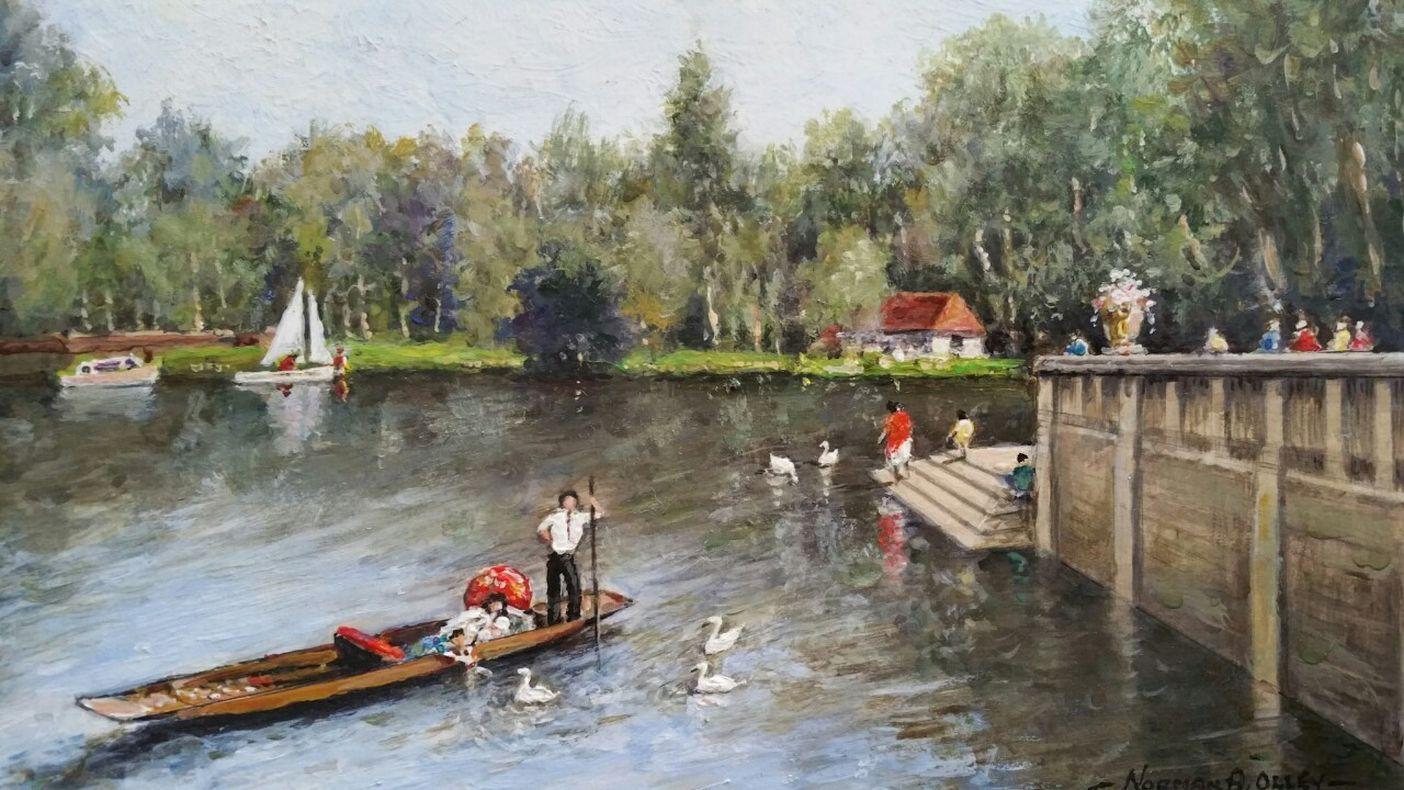 Traditional English Painting the Italian Lake, Hever Castle, Kent England - Gray Landscape Painting by English  School