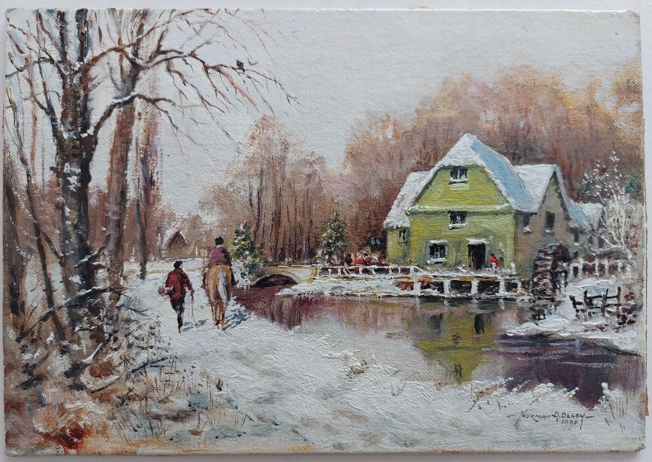 Traditional English Painting Water Mill in Winter Snow with Horse - Gray Landscape Painting by English  School