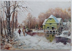 Traditional English Painting Water Mill in Winter Snow with Horse