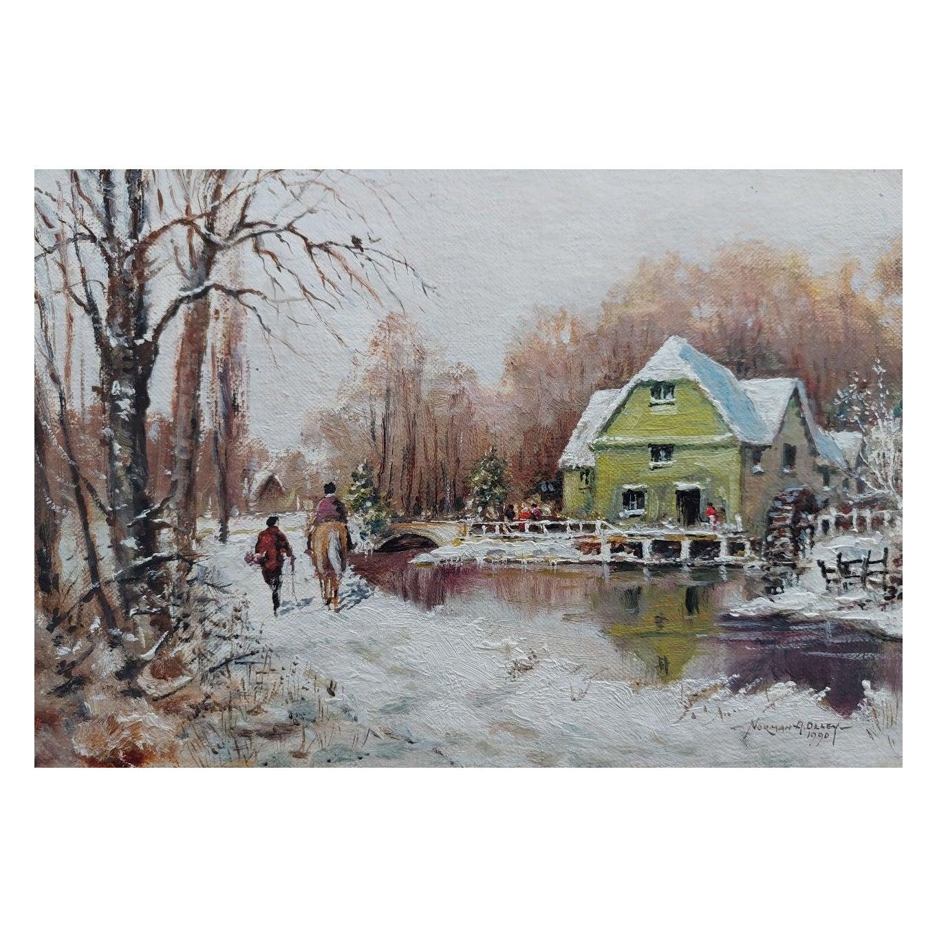 English  School Landscape Painting - Traditional English Painting Water Mill in Winter Snow with Horse