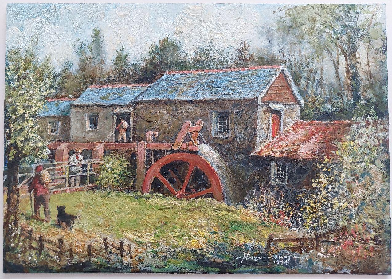 Traditional English Painting Watermill at Tresmeer Cornwall, Figures at Work - Gray Landscape Painting by English  School