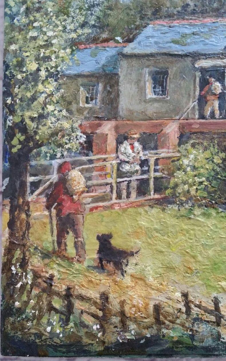 Artist/ School: Norman A. Olley ( British, 20th Century, 1908-1996), dated 1994, signed to the front and inscribed verso

Title - Watermill at Tresmeer, Cornwall
Figures busy working with an eager dog at their side

Medium: acrylic and oil paint on