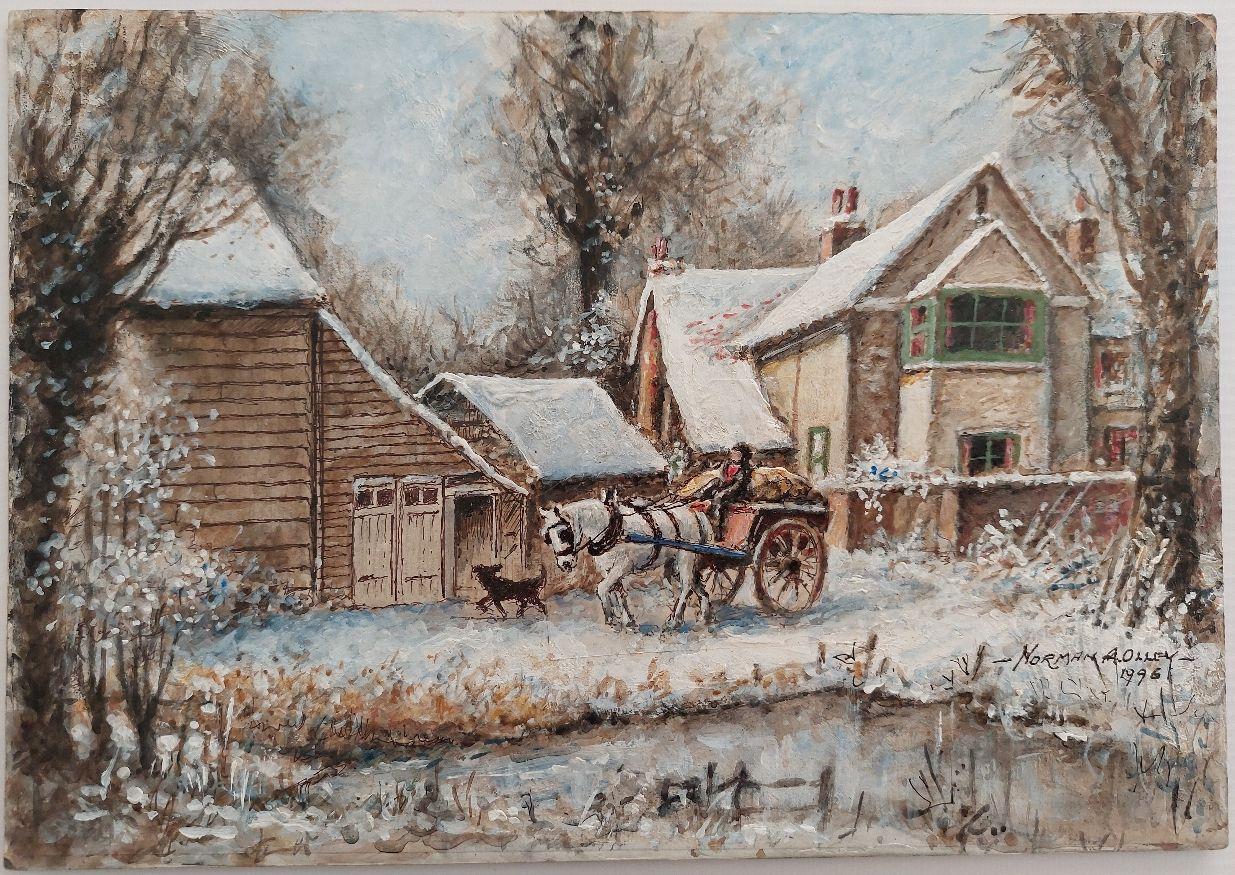 Traditional English Painting Winter Morning Surrey Farm England Horse & Cart - Gray Landscape Painting by English  School