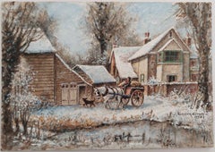 Traditional English Painting Winter Morning Surrey Farm England Horse & Cart