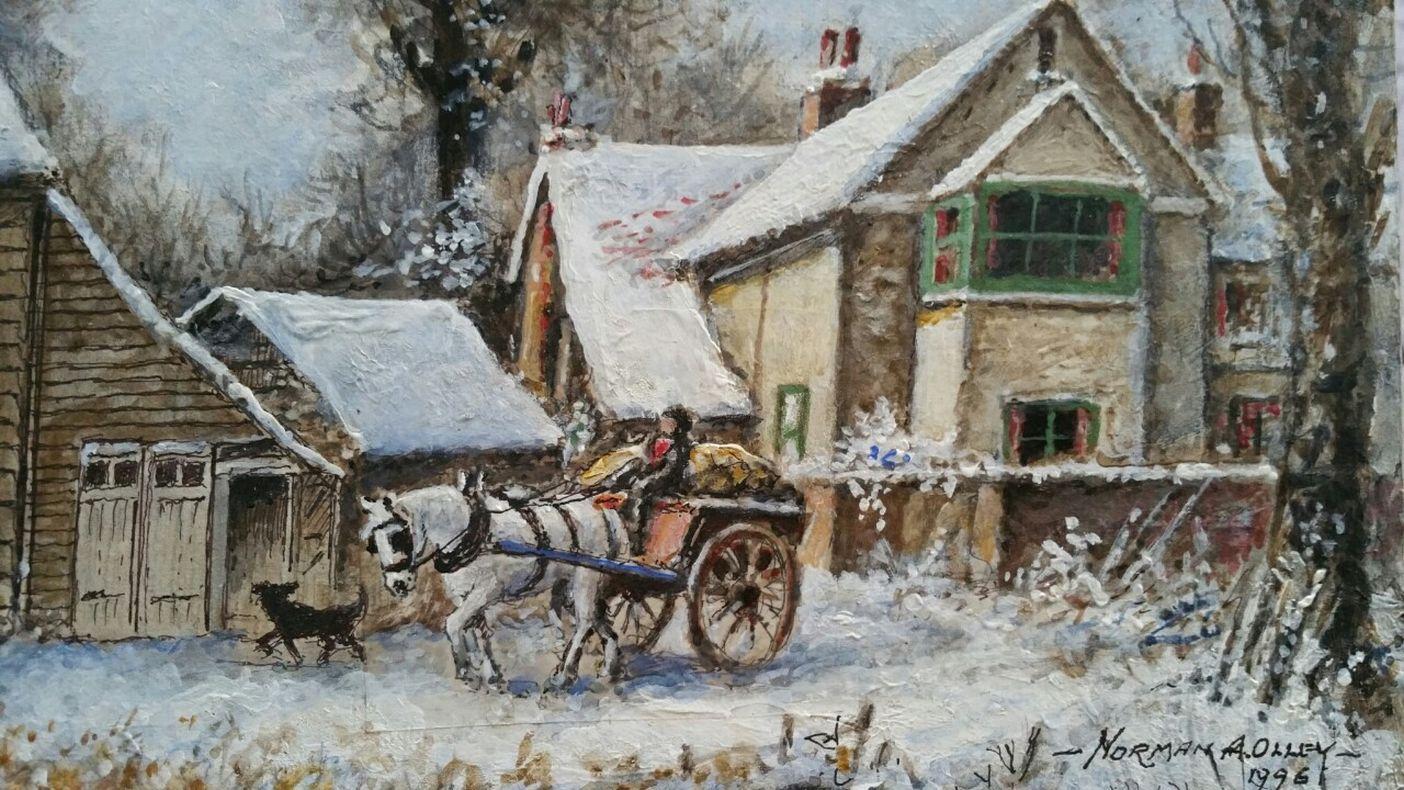 Traditional English Painting Winter Morning Surrey Farm England Horse & Cart For Sale 2