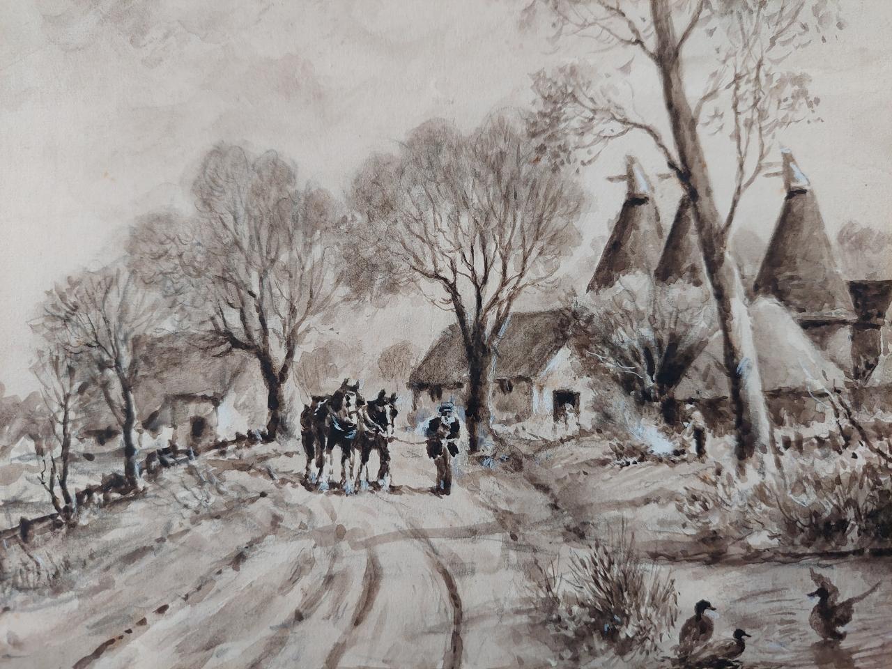 Traditional English Painting Working Horses Returning Home in Kent For Sale 8