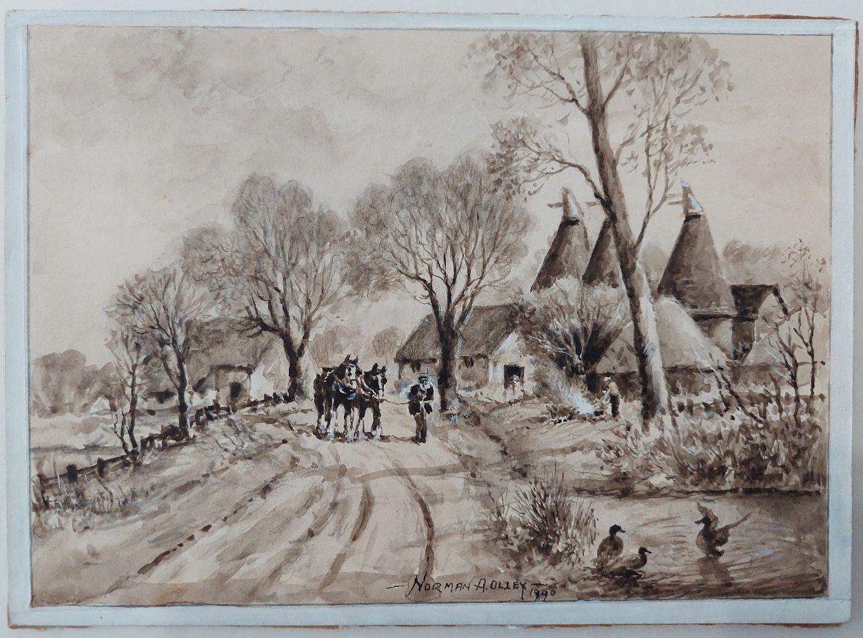 Traditional English Painting Working Horses Returning Home in Kent - Gray Animal Painting by English  School