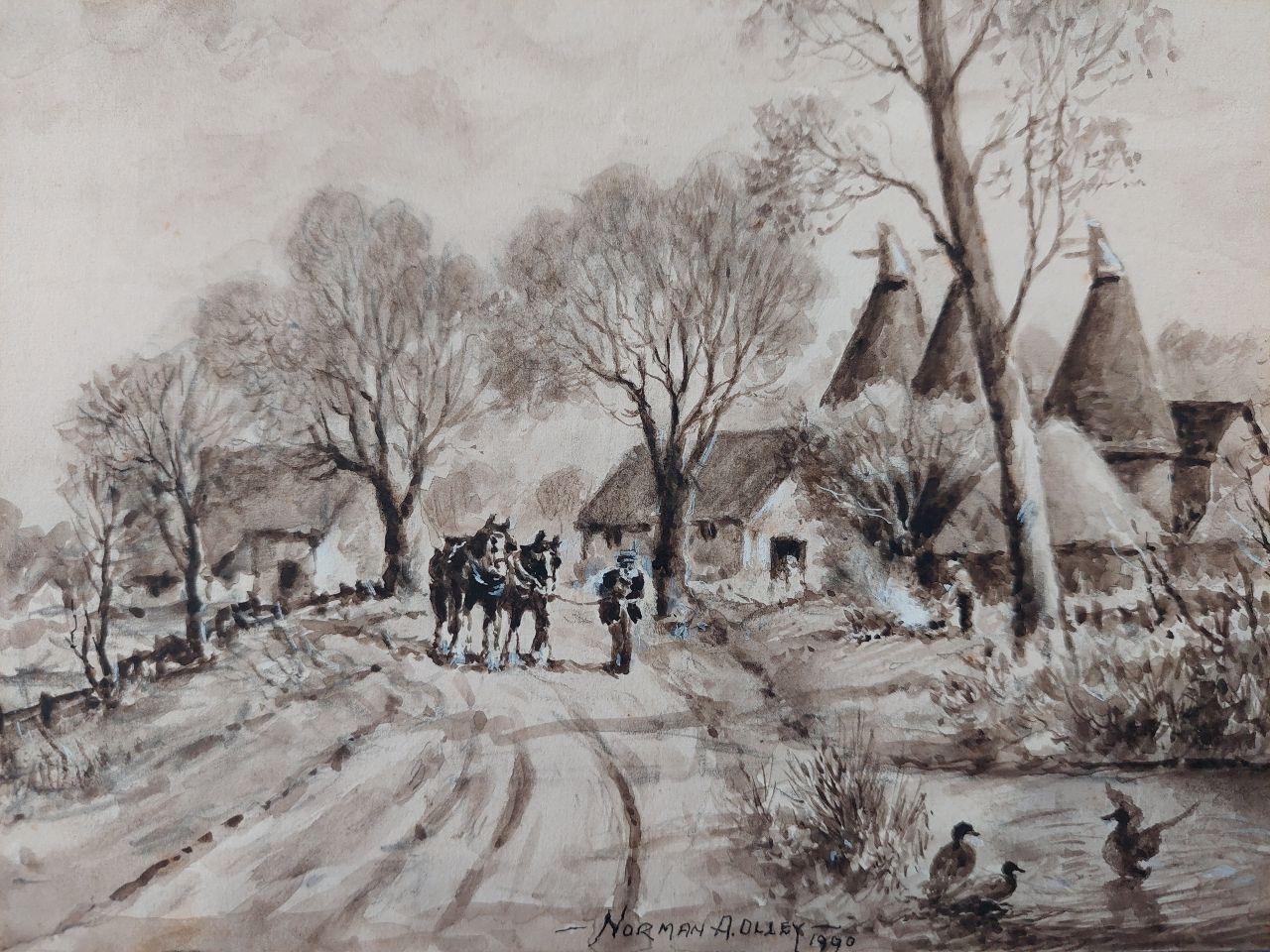 Traditional English Painting Working Horses Returning Home in Kent For Sale 1