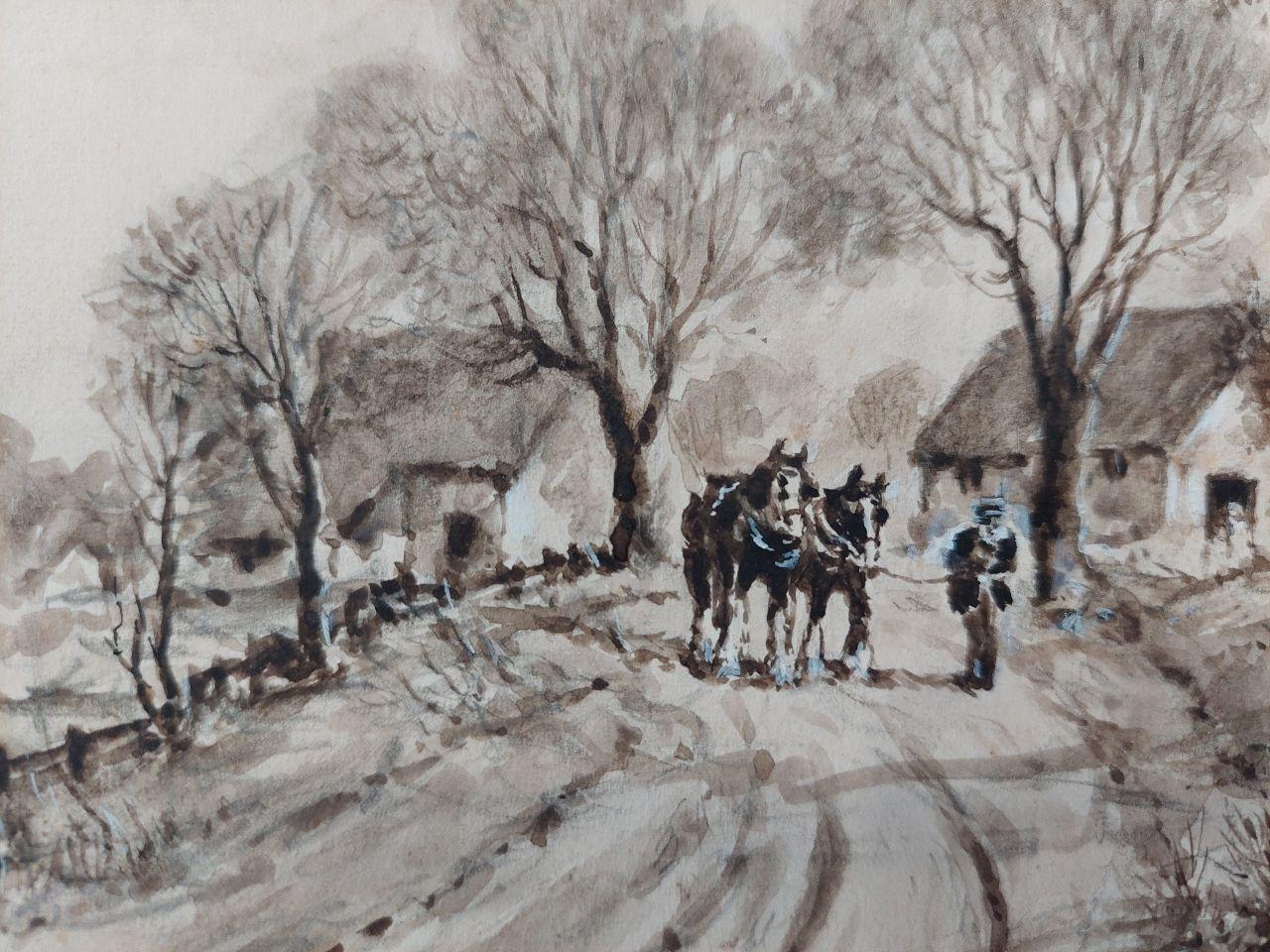 Traditional English Painting Working Horses Returning Home in Kent For Sale 2
