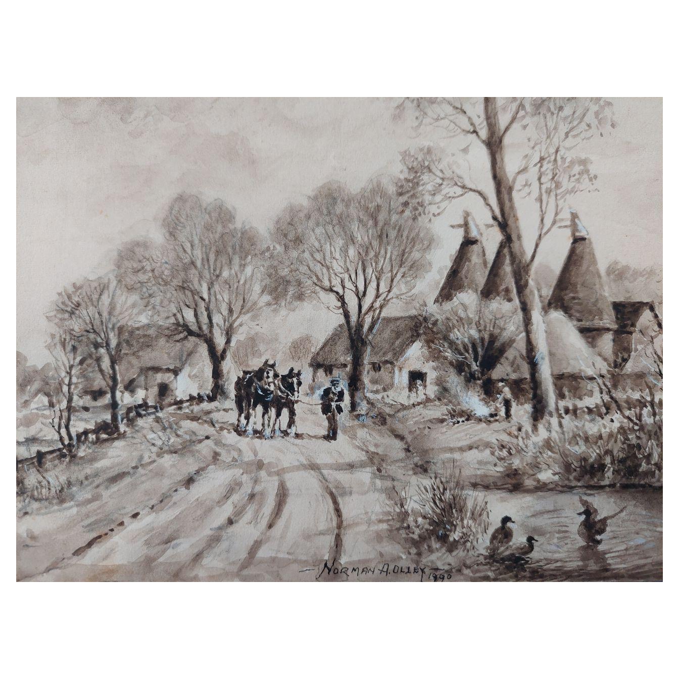 English  School Animal Painting - Traditional English Painting Working Horses Returning Home in Kent