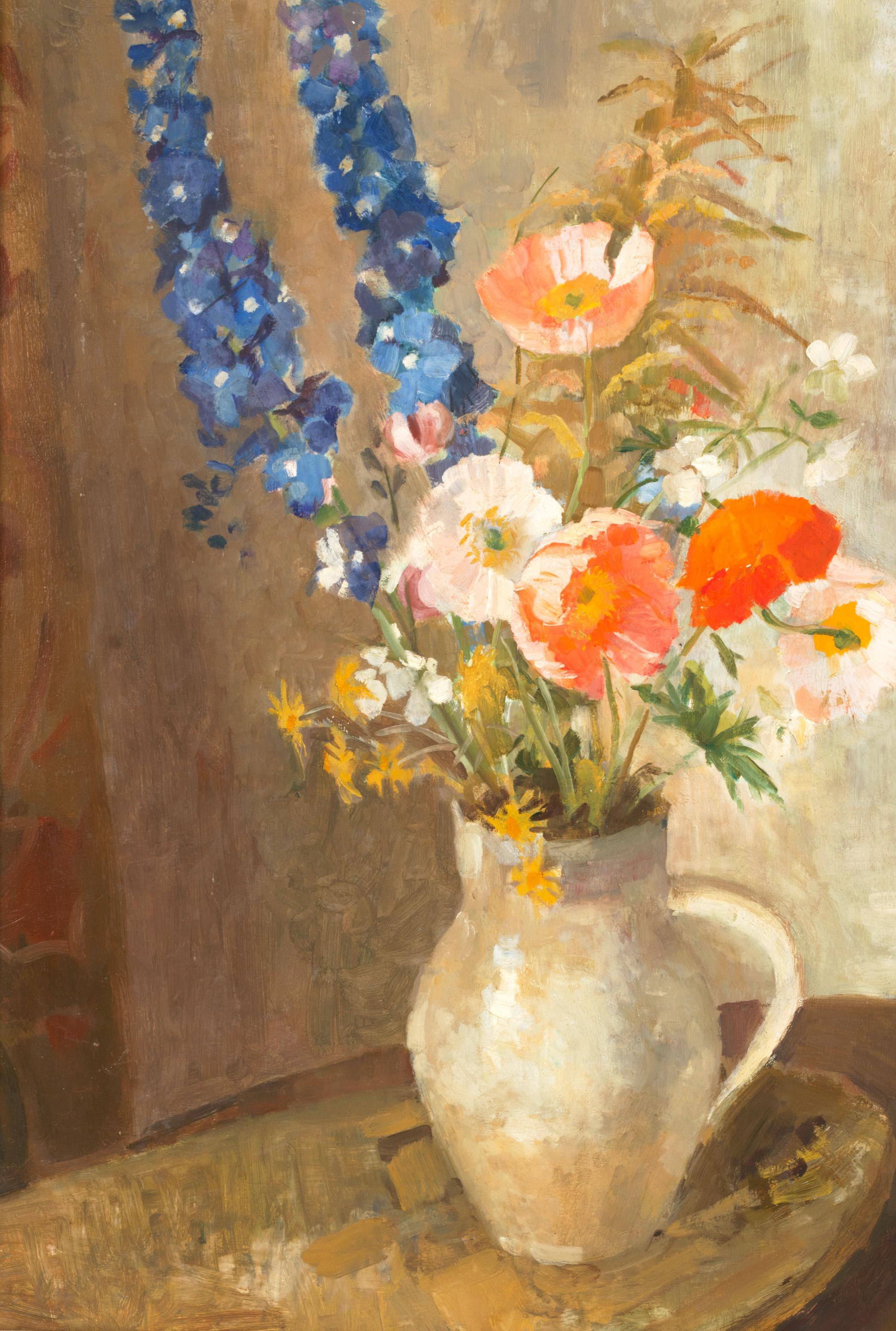 A delicate English School still life study by the listed British artist Lilian Buchanan (1914-2004).
An oil on board depicting a jug of vibrant poppies and hyacinths. Signed in the lower right hand corner C.1970.

Framed.
Provenance: Private