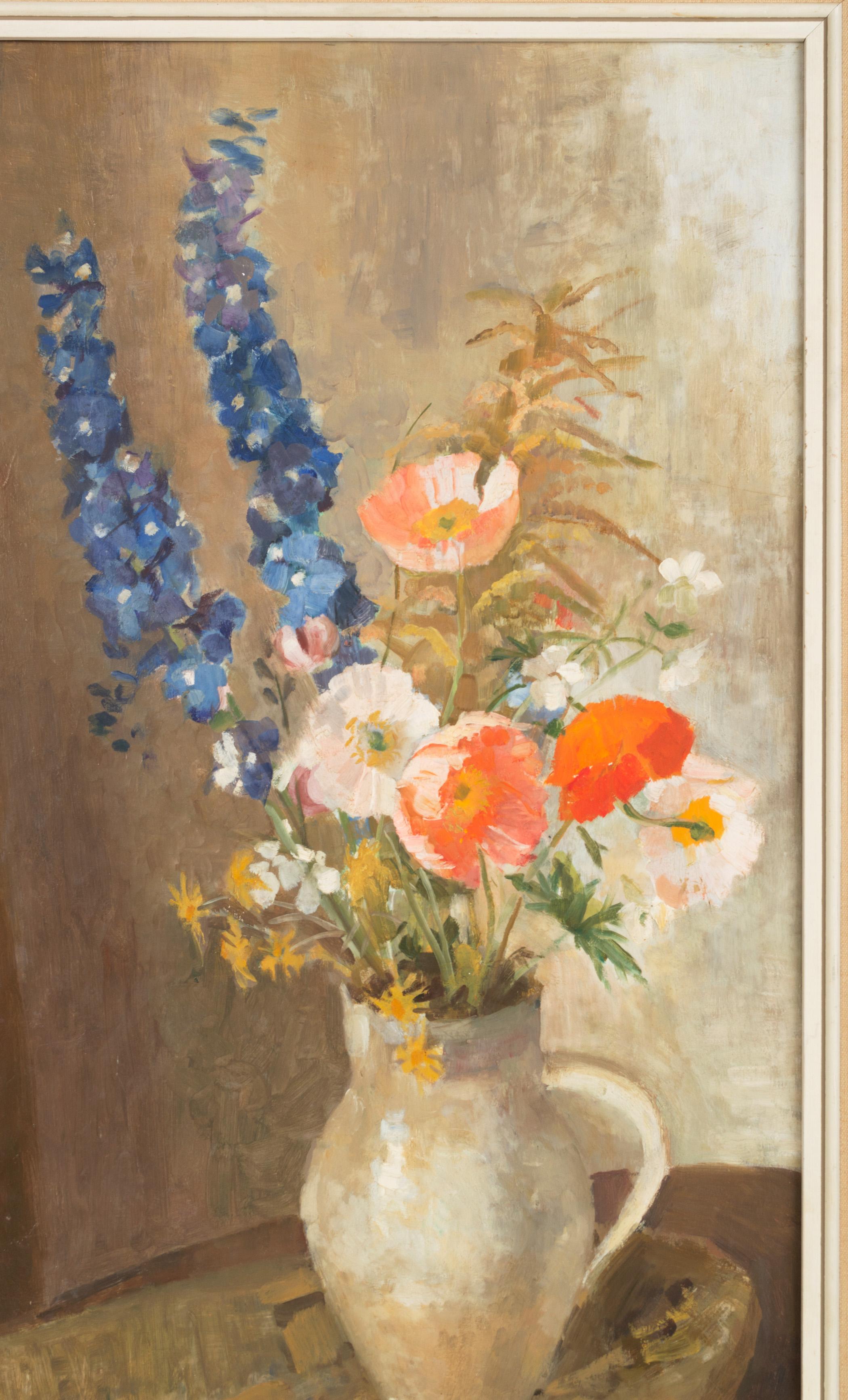 English School Still Life Jug of Flowers Oil on Board Signed L.Buchanan C.1970 In Good Condition For Sale In London, GB