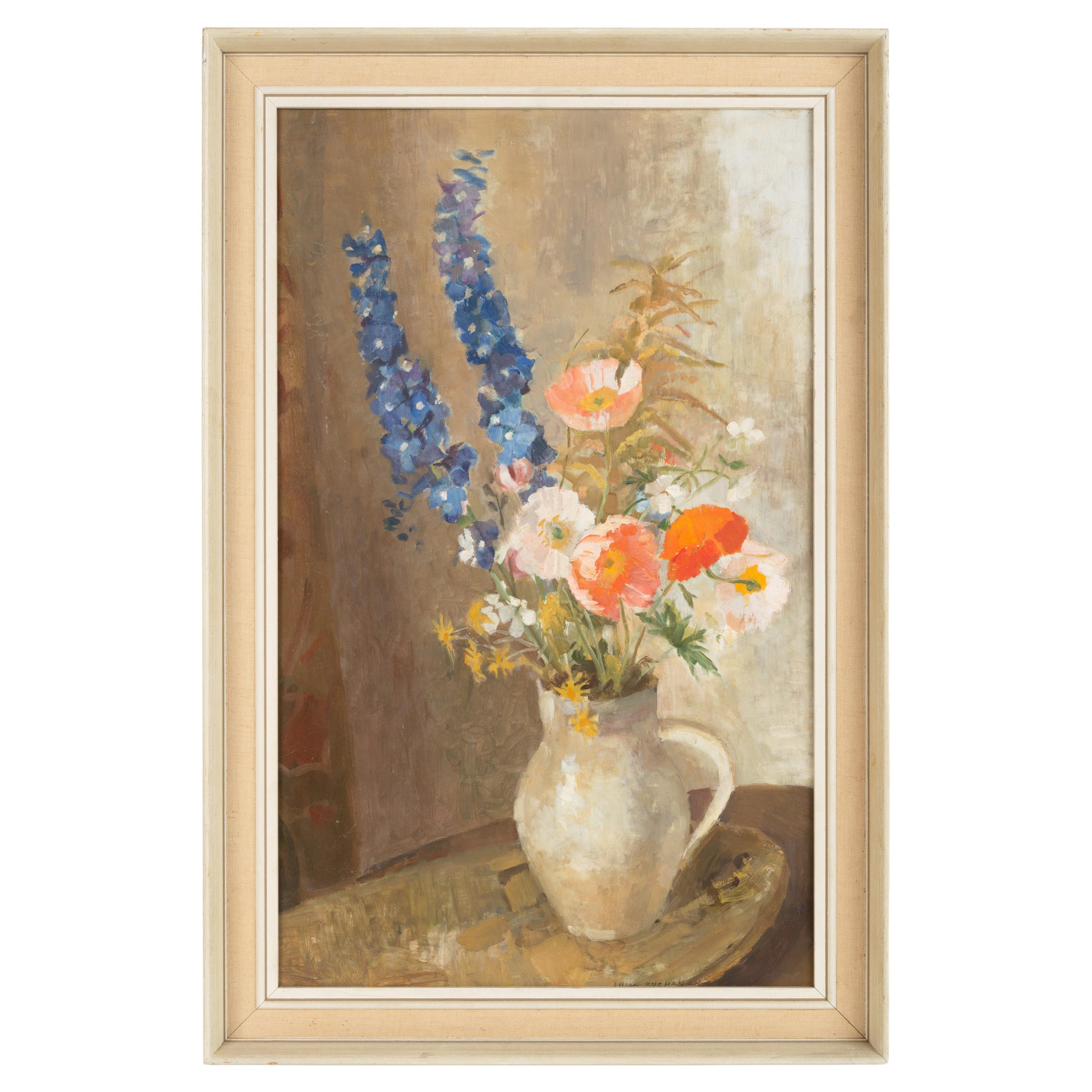 English School Still Life Jug of Flowers Oil on Board Signed L.Buchanan C.1970