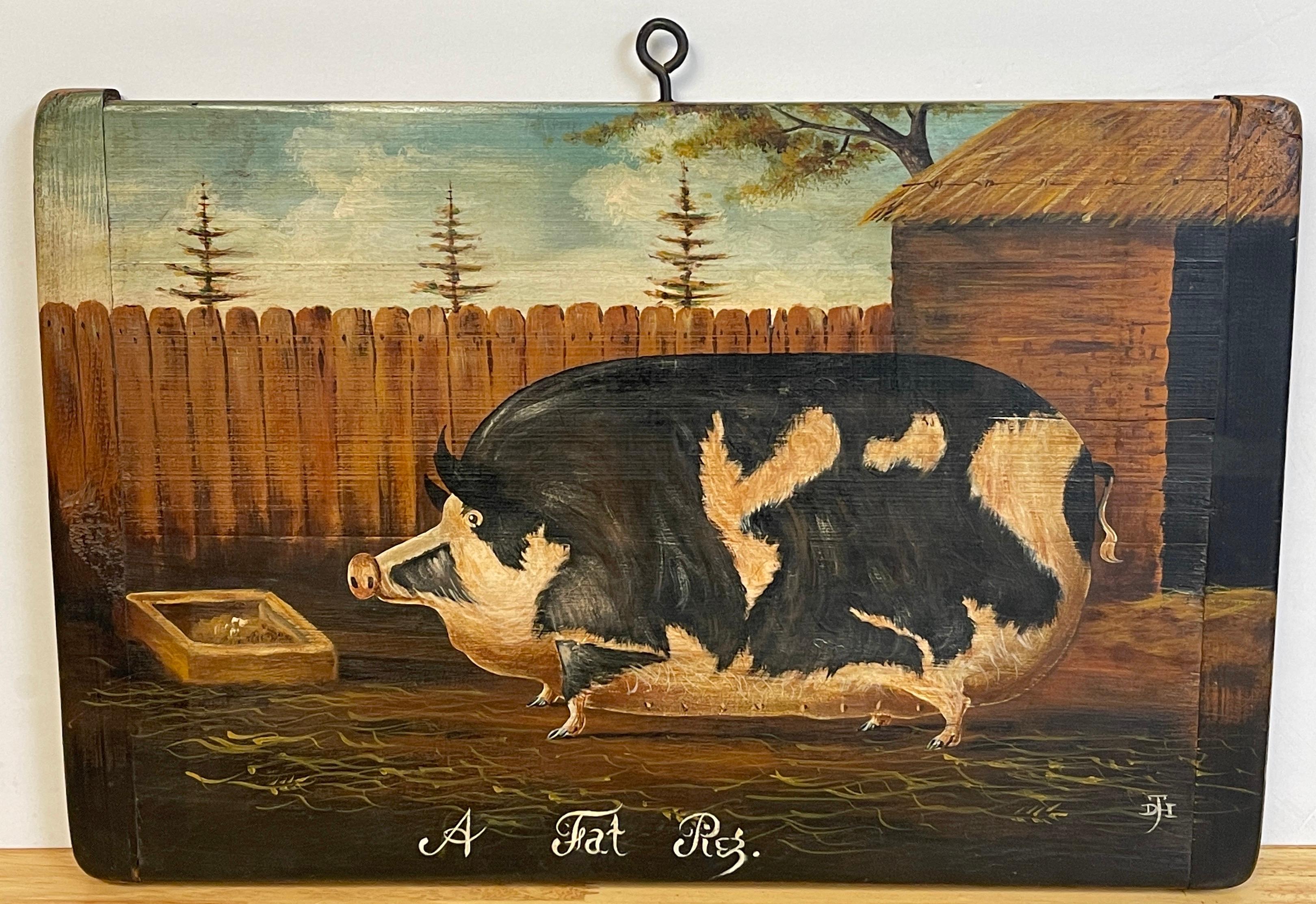 English school style painting of a prize pig, 'A Fat Pig'
A fine 20th century oil painting in the 19th century style. Well painted of a prize pig, in farm landscape. 
Oil on board 18
