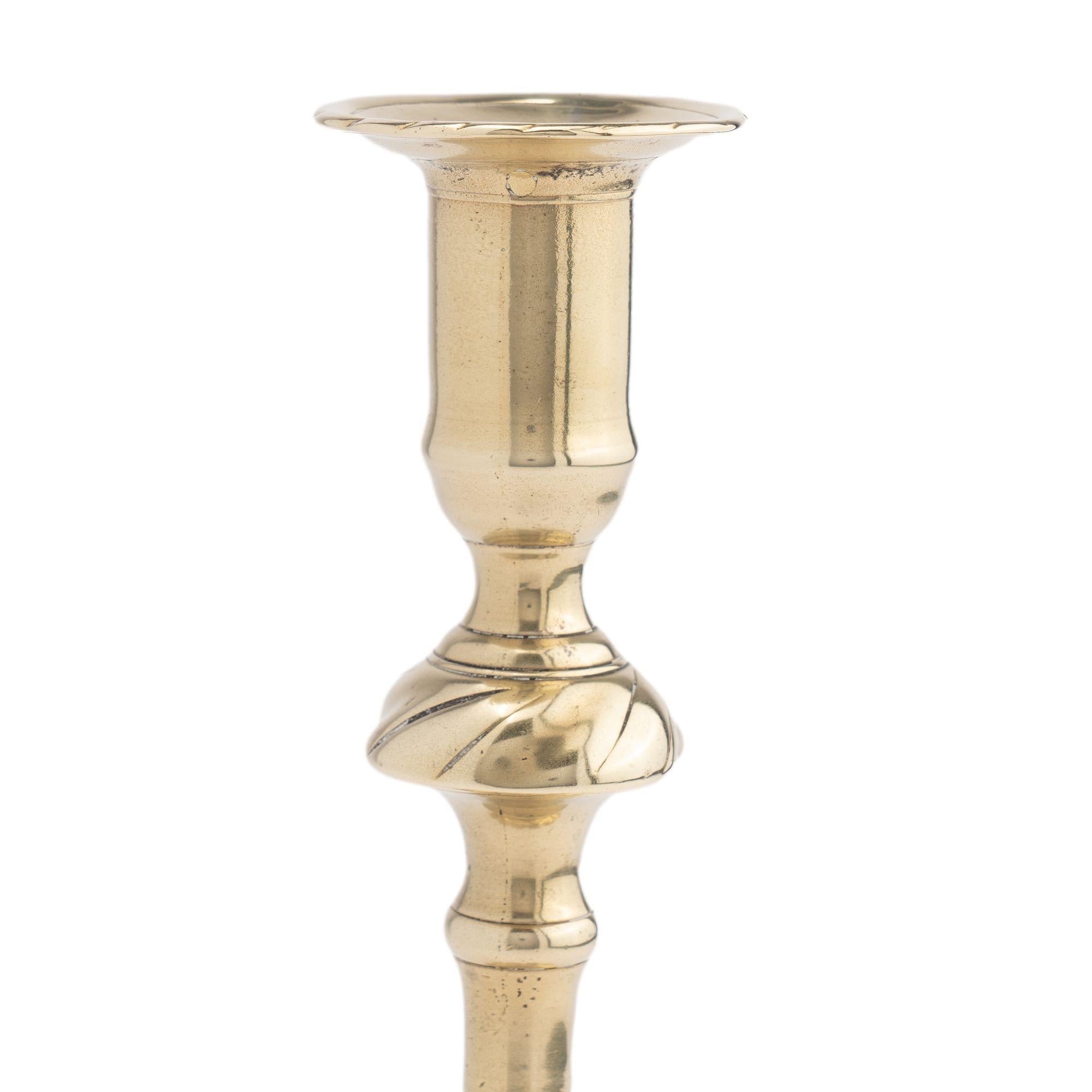 British English seam cast brass swirl base candlestick, 1750 For Sale